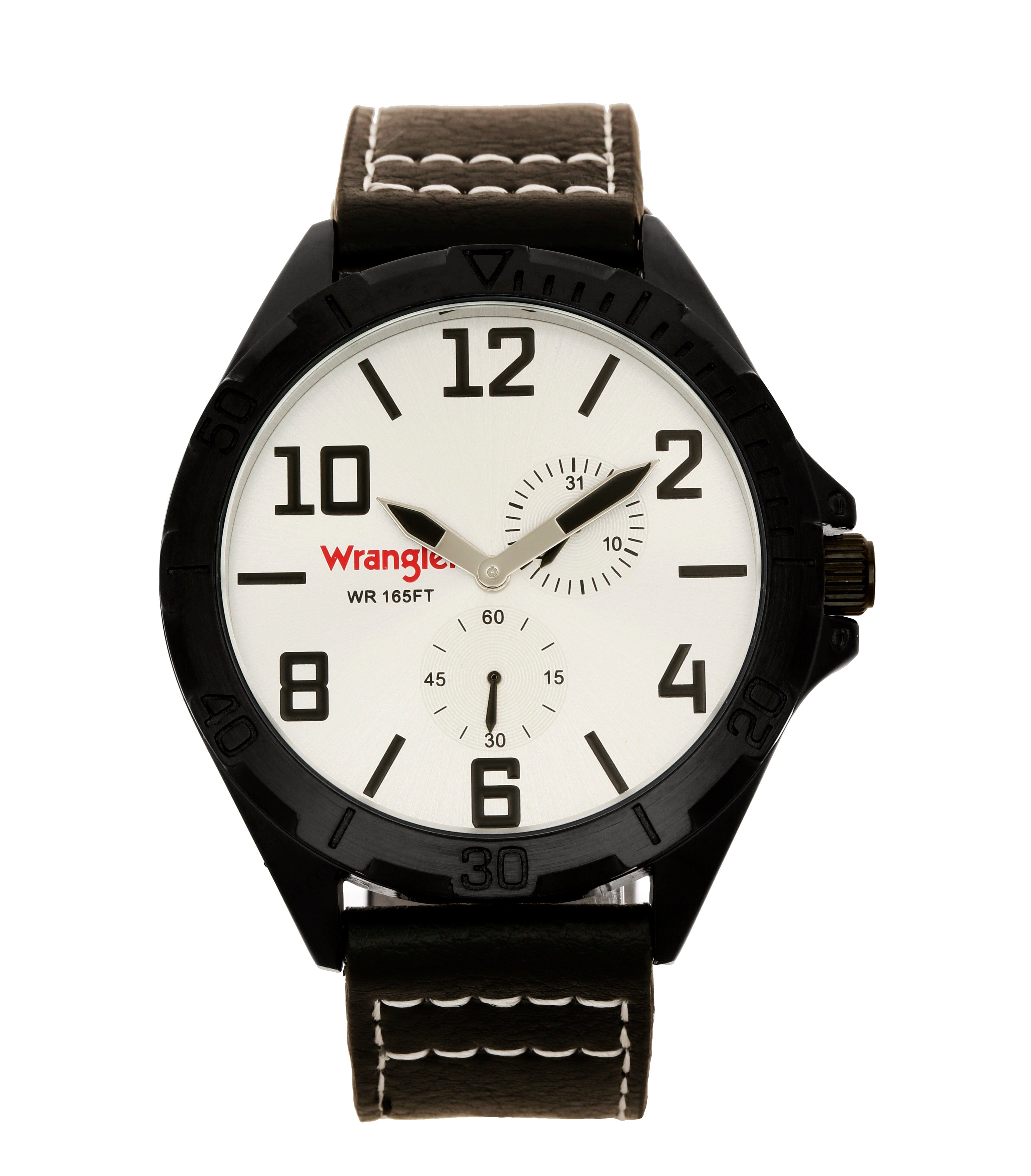 Wrangler watch WRT4100-7A1 with black dial and metal band, front view showing time display and watch face details.