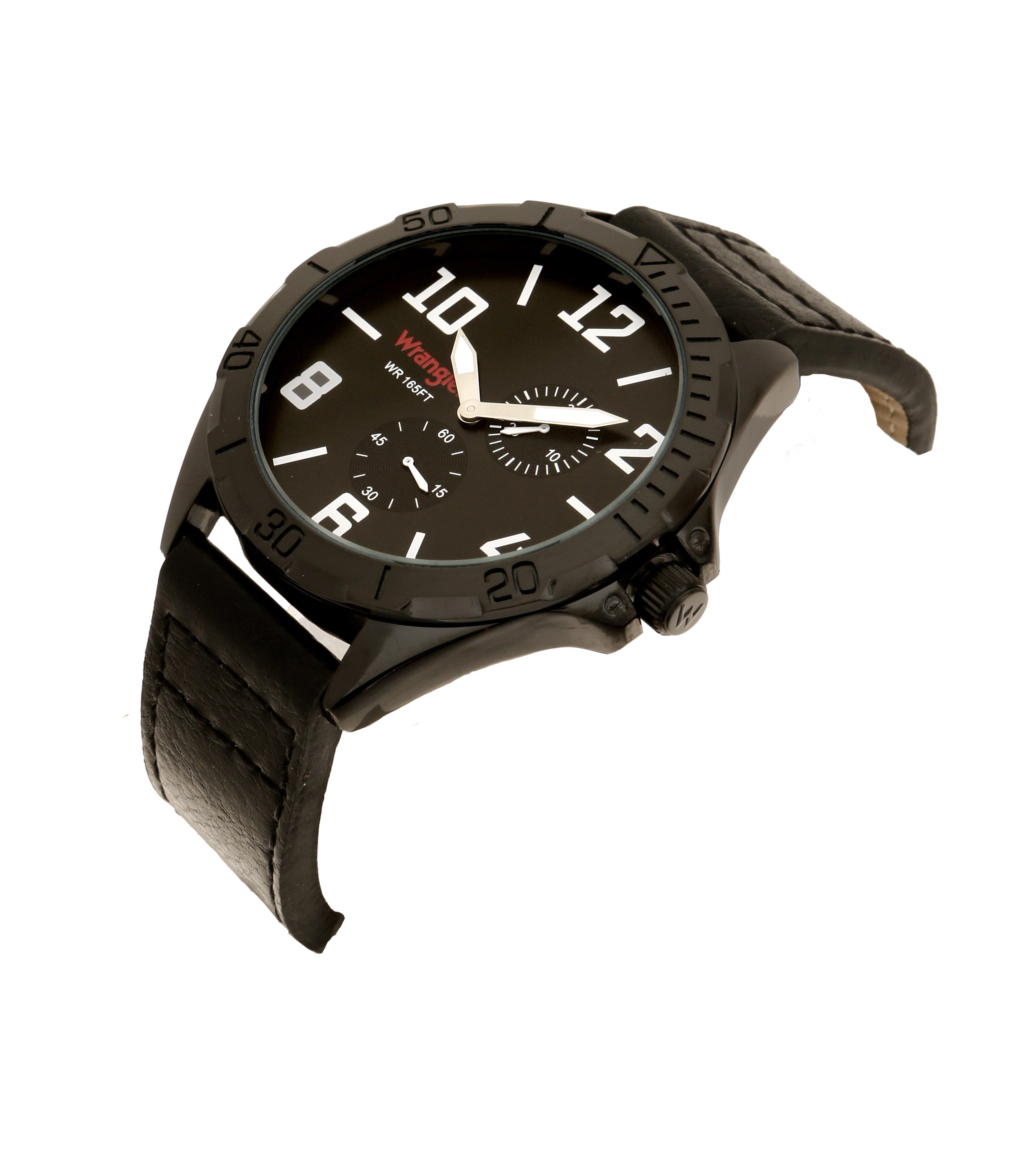 Wrangler watch WRT4101-1A with black dial, silver case, and leather strap, displayed on a wooden surface.