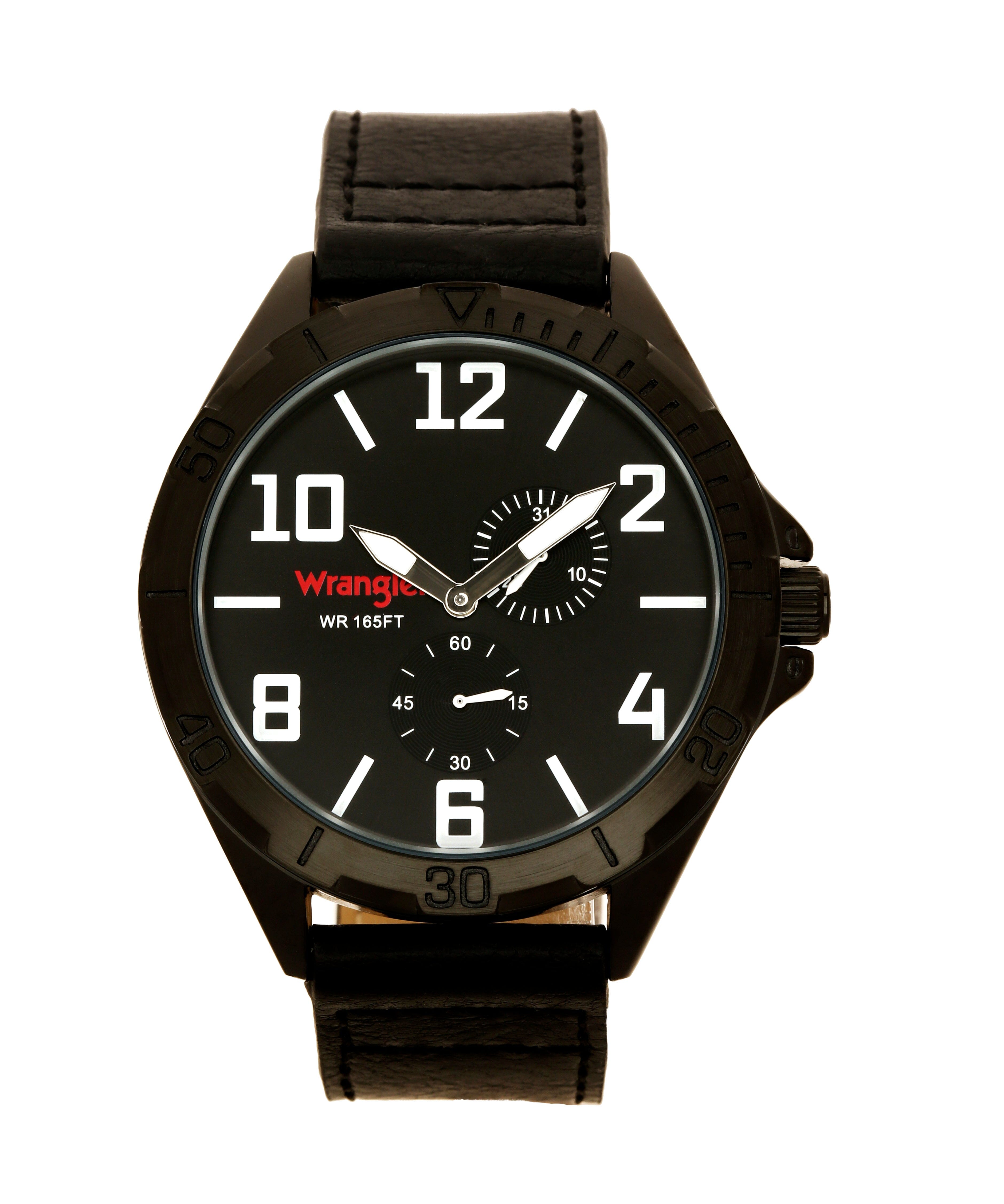 Wrangler watch WRT4101-1A with black dial, silver case, and leather strap, displayed facing forward.