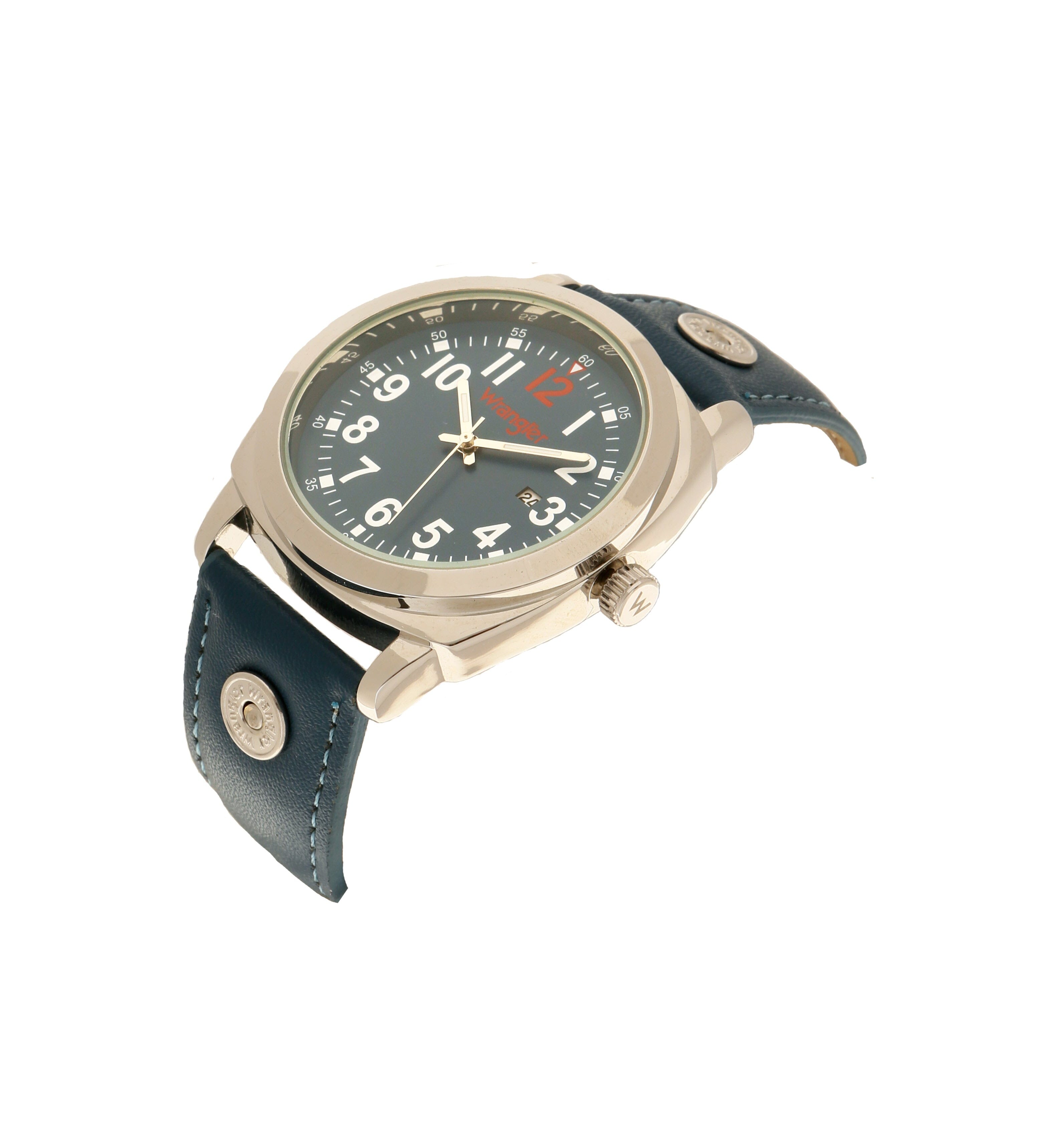 Wrangler watch WRT2701-2B with black dial, silver case, and leather strap, displayed on a wooden surface.
