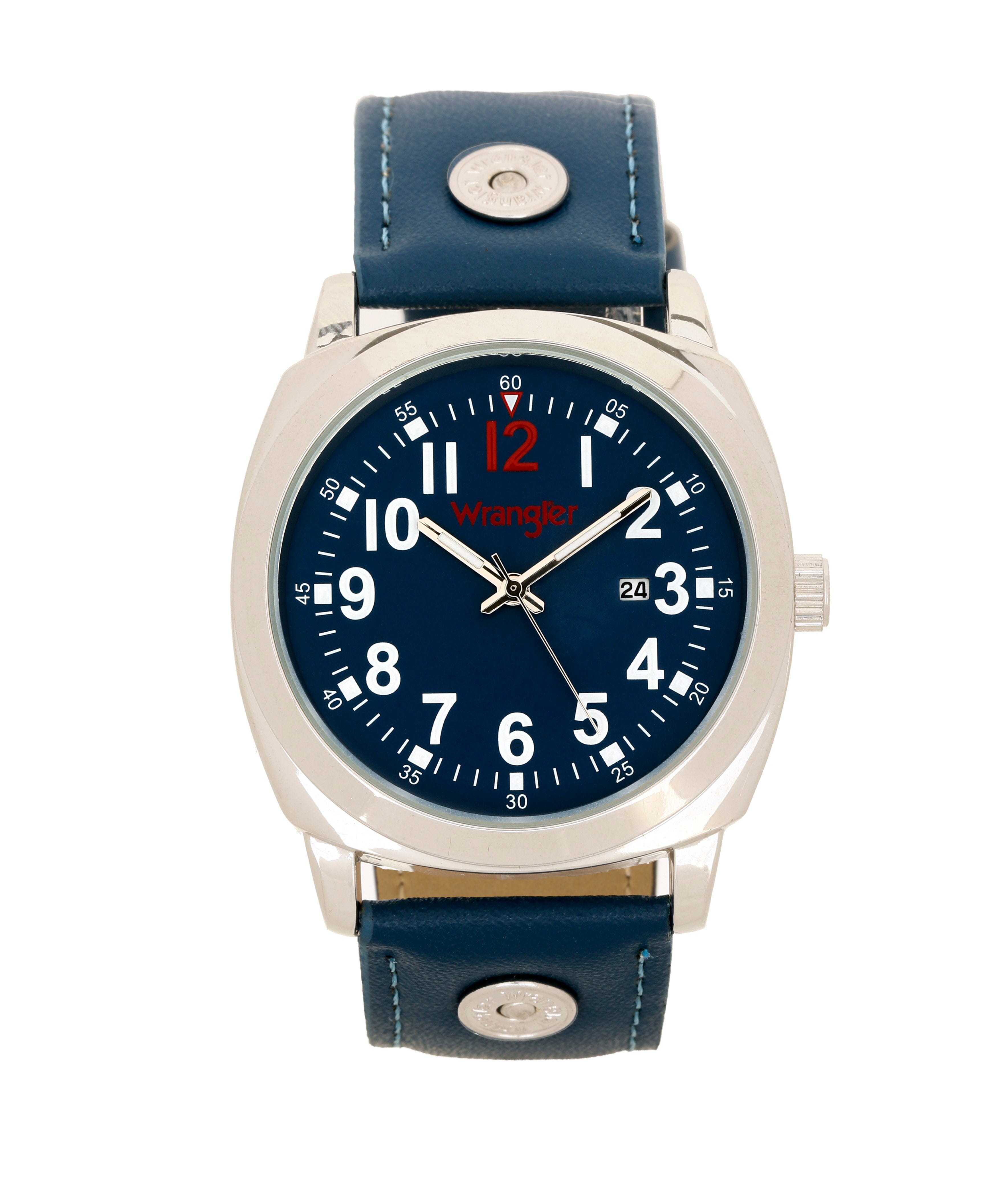 Wrangler WRT2701-2B watch with black dial and metal band, close-up front view showing watch face and details.