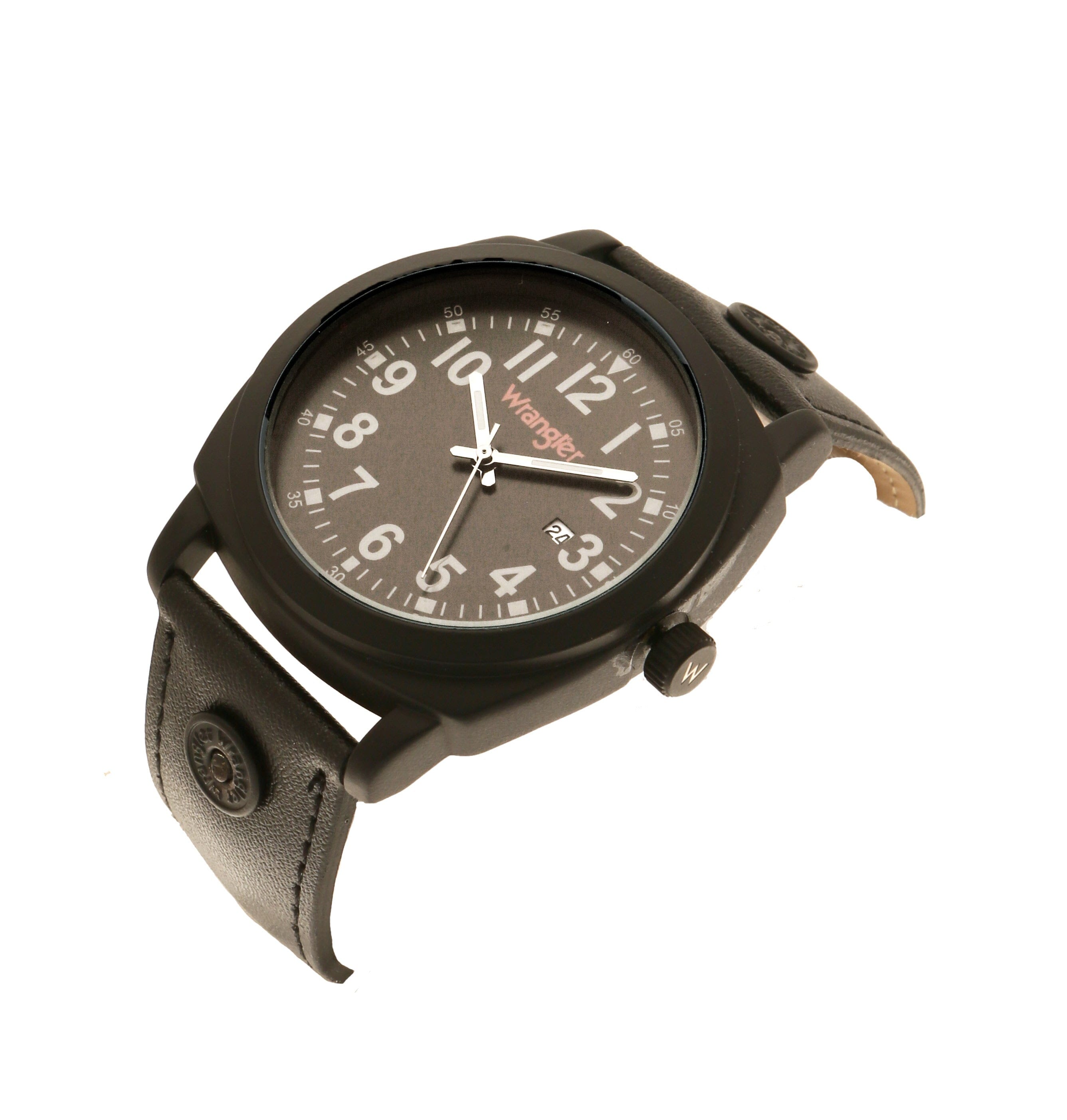 Wrangler WRT2702-1A watch with black dial, silver case, and leather strap, displayed on a wooden surface.