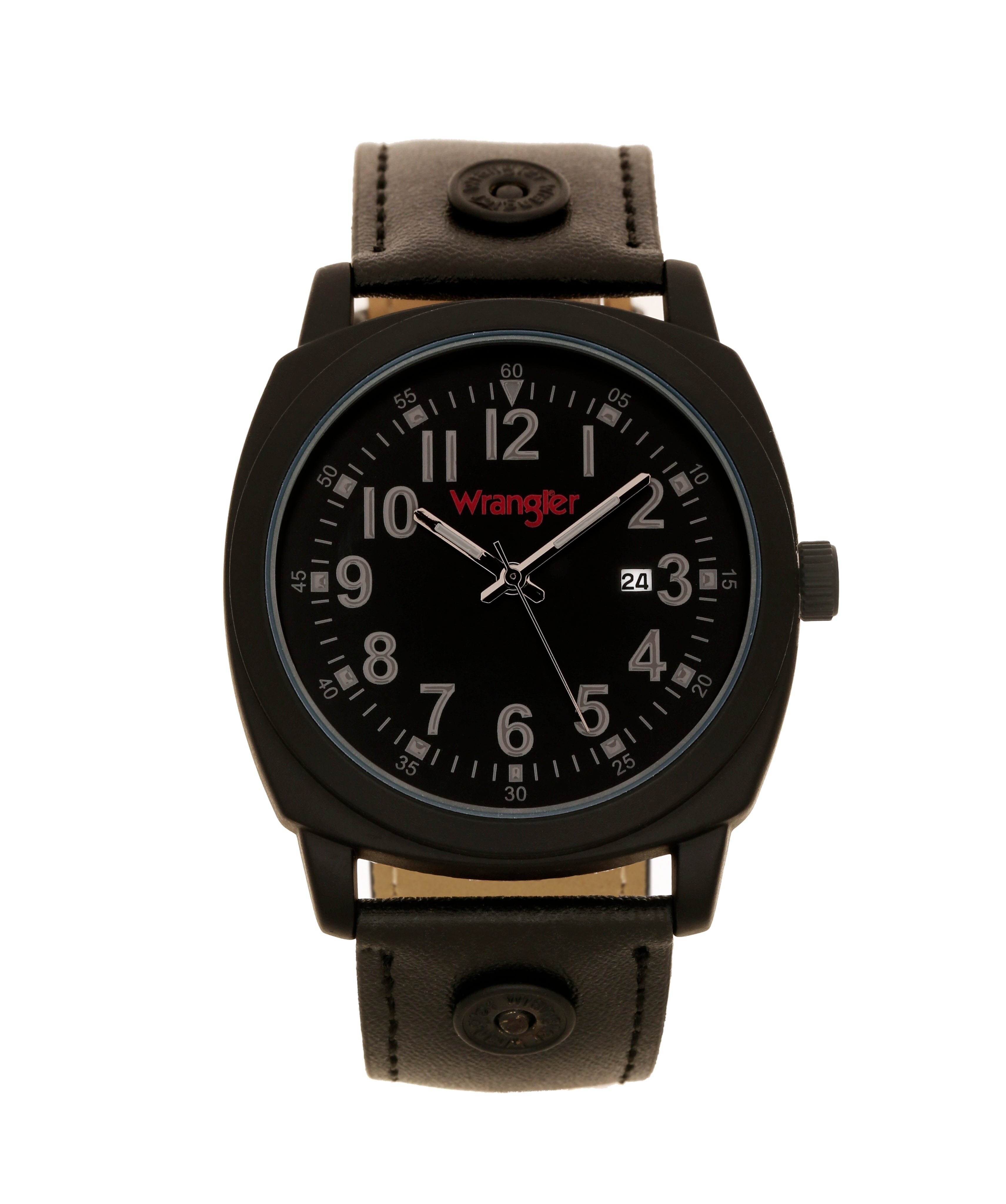 Wrangler watch WRT2702-1A with a round dial, black strap, and silver case, shown from the front in a close-up image.