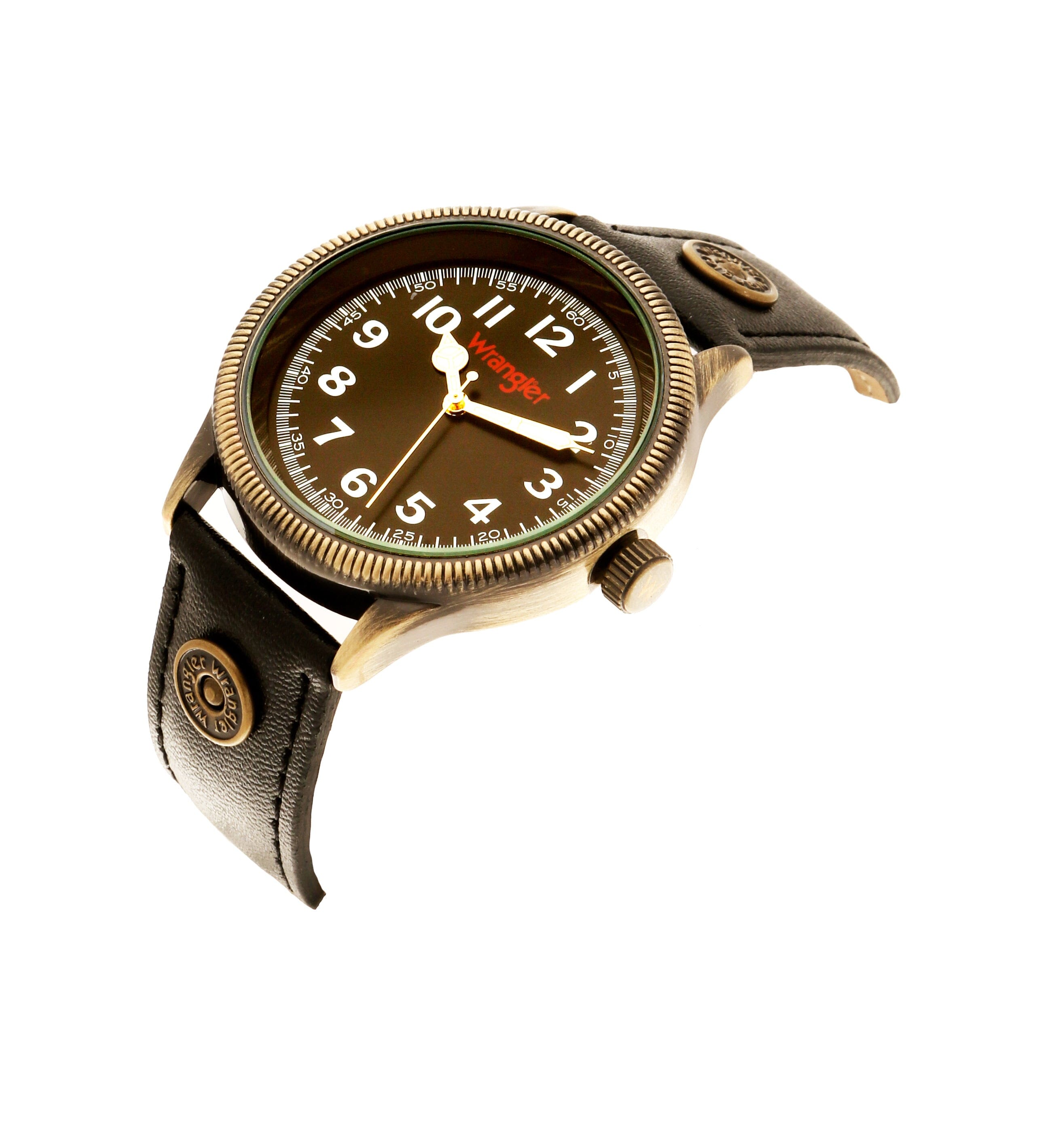 Wrangler WRT3500-1G watch with black dial, metal band, and digital display, showcasing a stylish and durable accessory.