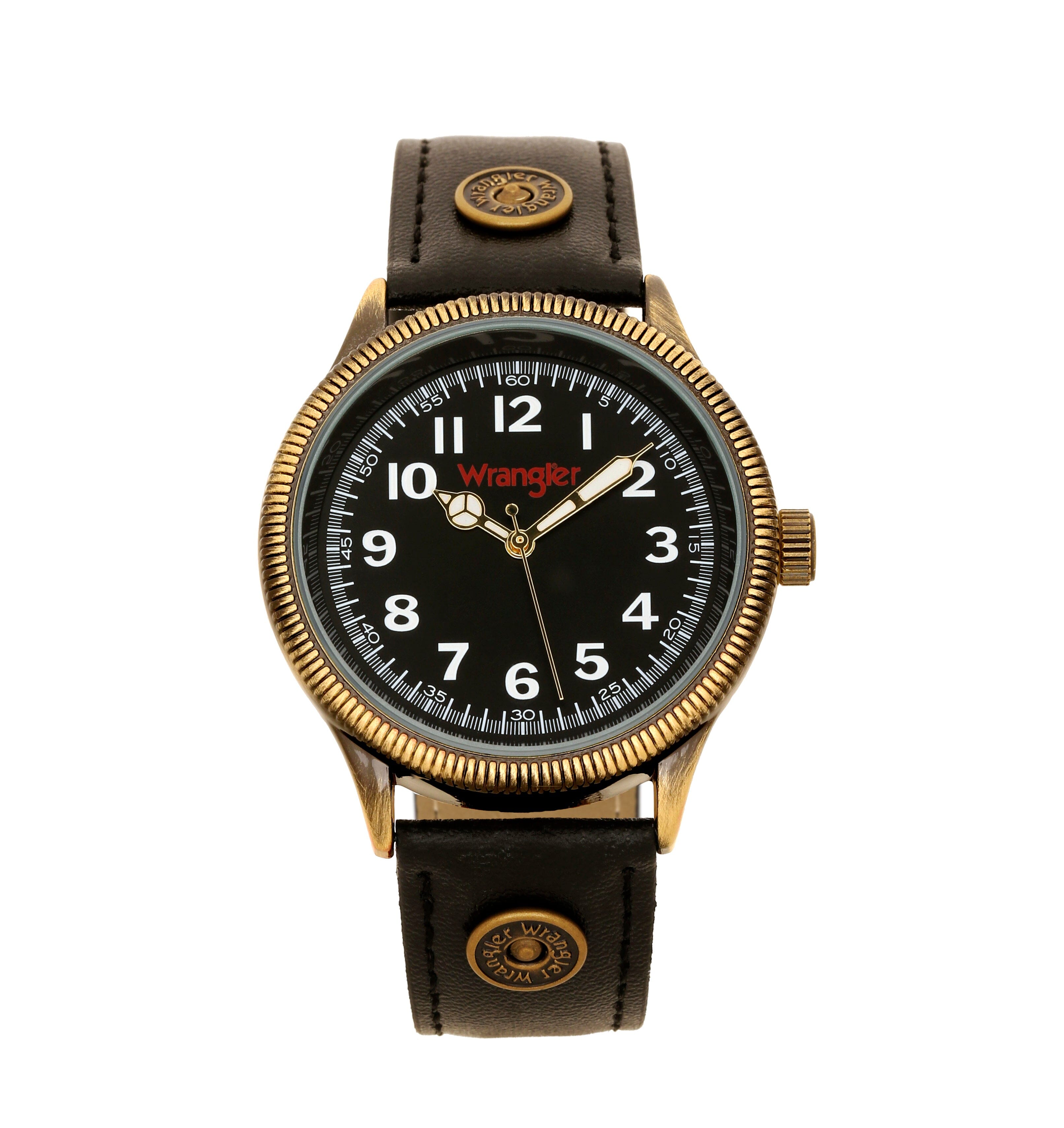 Wrangler watch WRT3500-1G with a round dial, metal band, and black face, displayed from the front view.