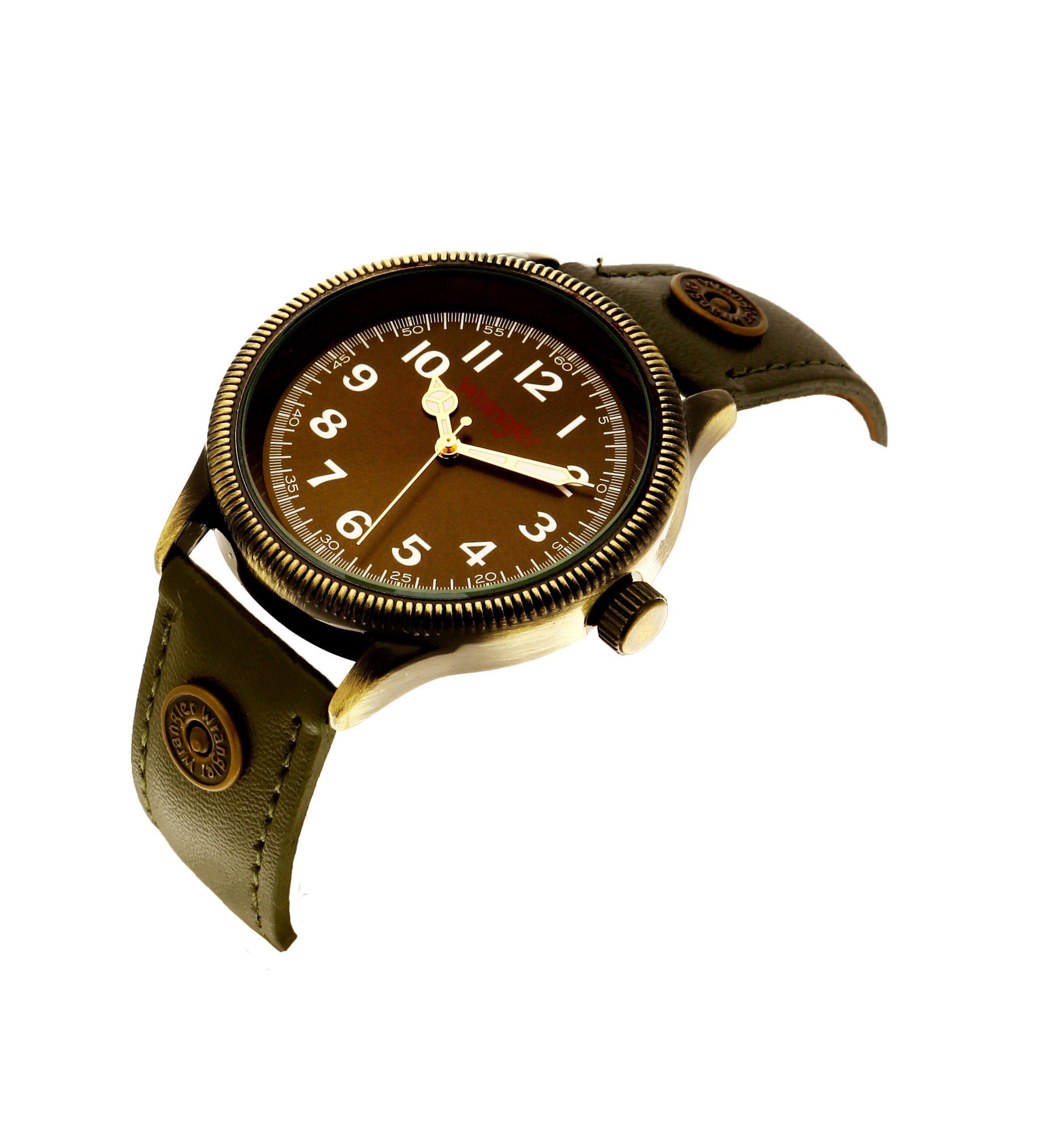 Wrangler watch WRT3502-3G with black dial, silver case, and leather strap, displayed on a wooden surface.
