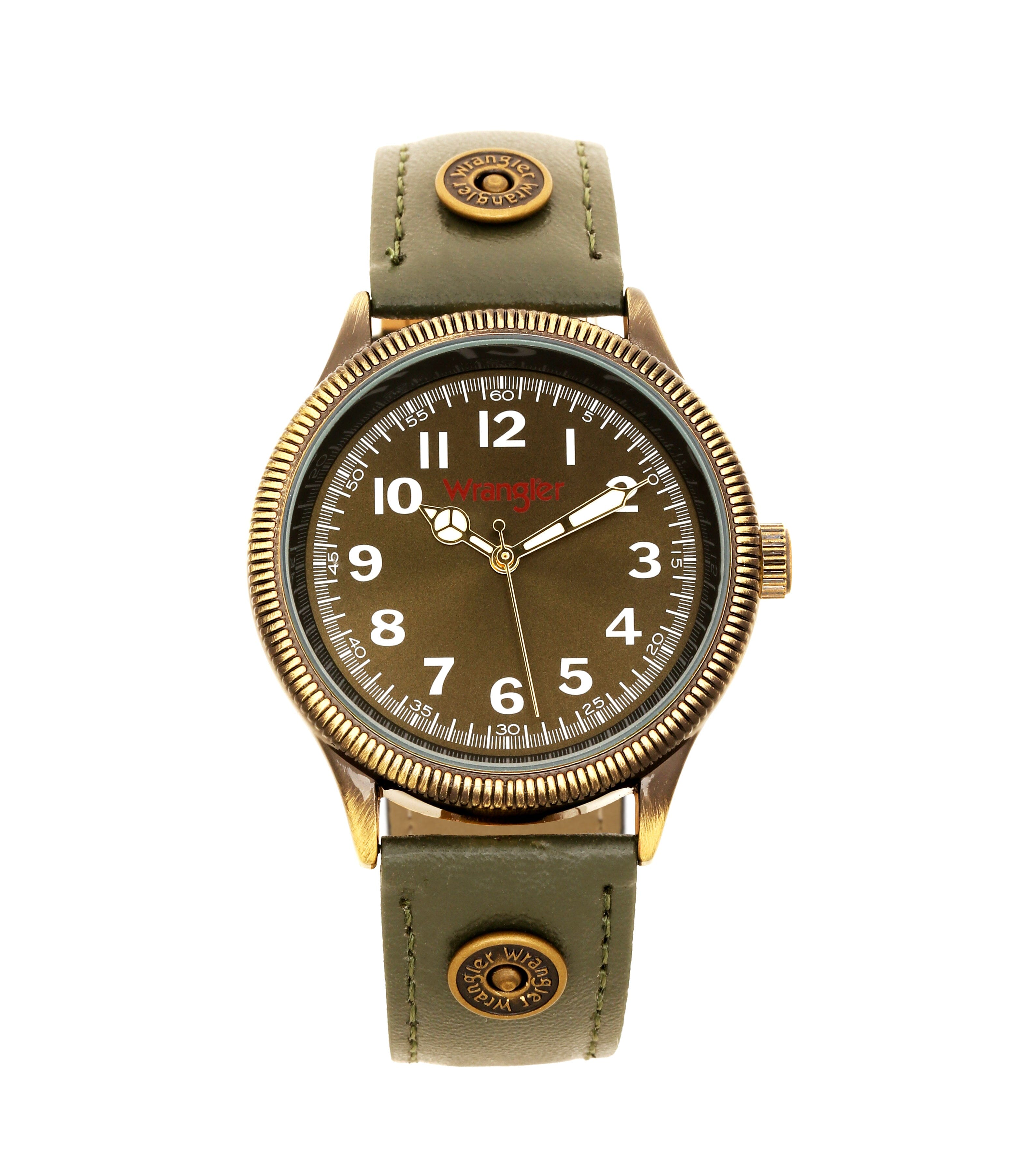 Wrangler watch WRT3502-3G with black dial, silver case, and leather strap, shown from the front.