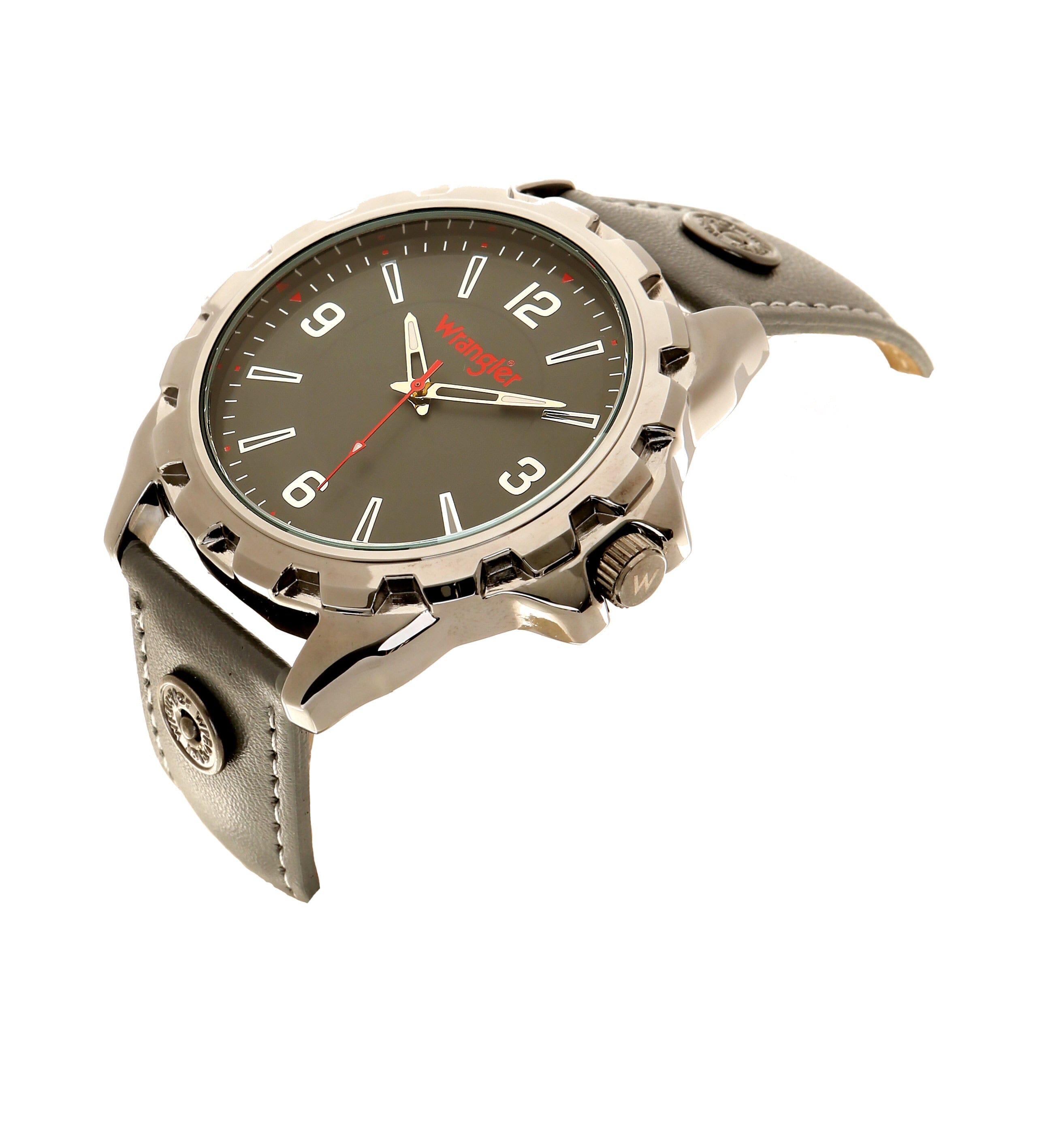 Wrangler watch WRT1500-8A featuring a sleek black dial, silver-tone case, and leather strap, displayed on a wooden surface.
