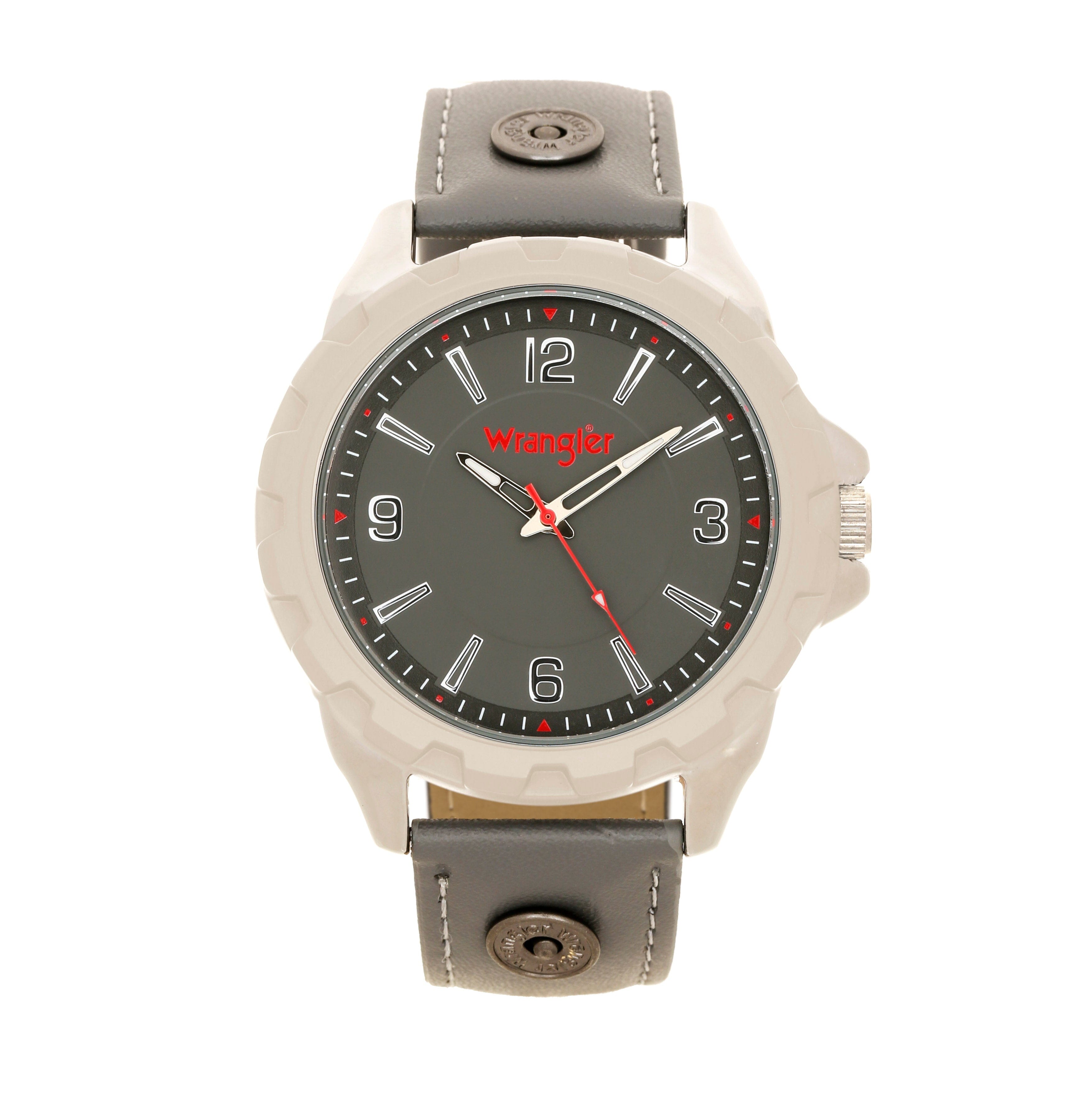 Wrangler WRT1500-8A watch with black dial, silver case, and leather strap, displayed front view showing watch face and details.