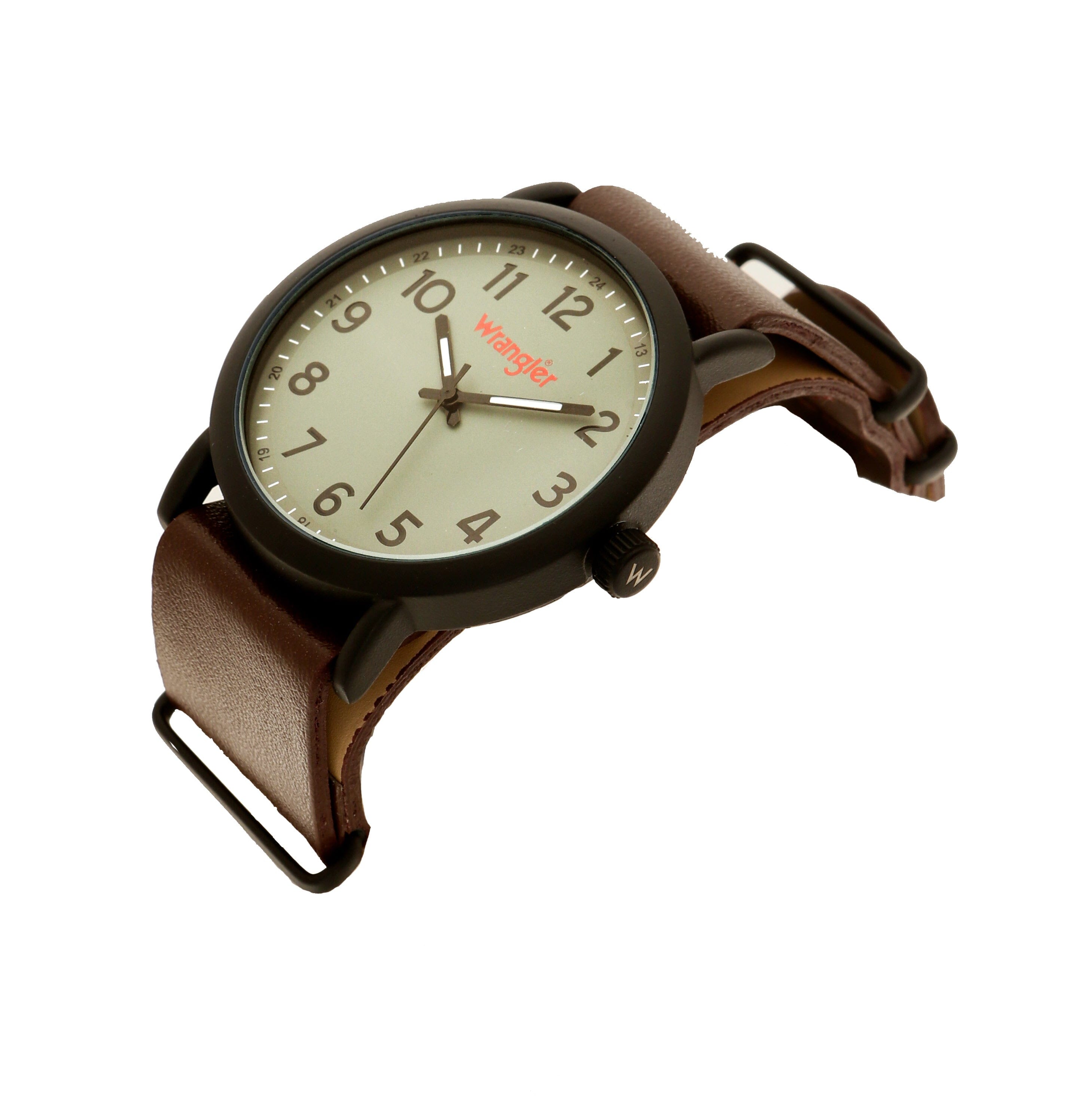 Wrangler watch WRT3300-8A5 with black dial, silver case, and leather strap, displayed on a white background.