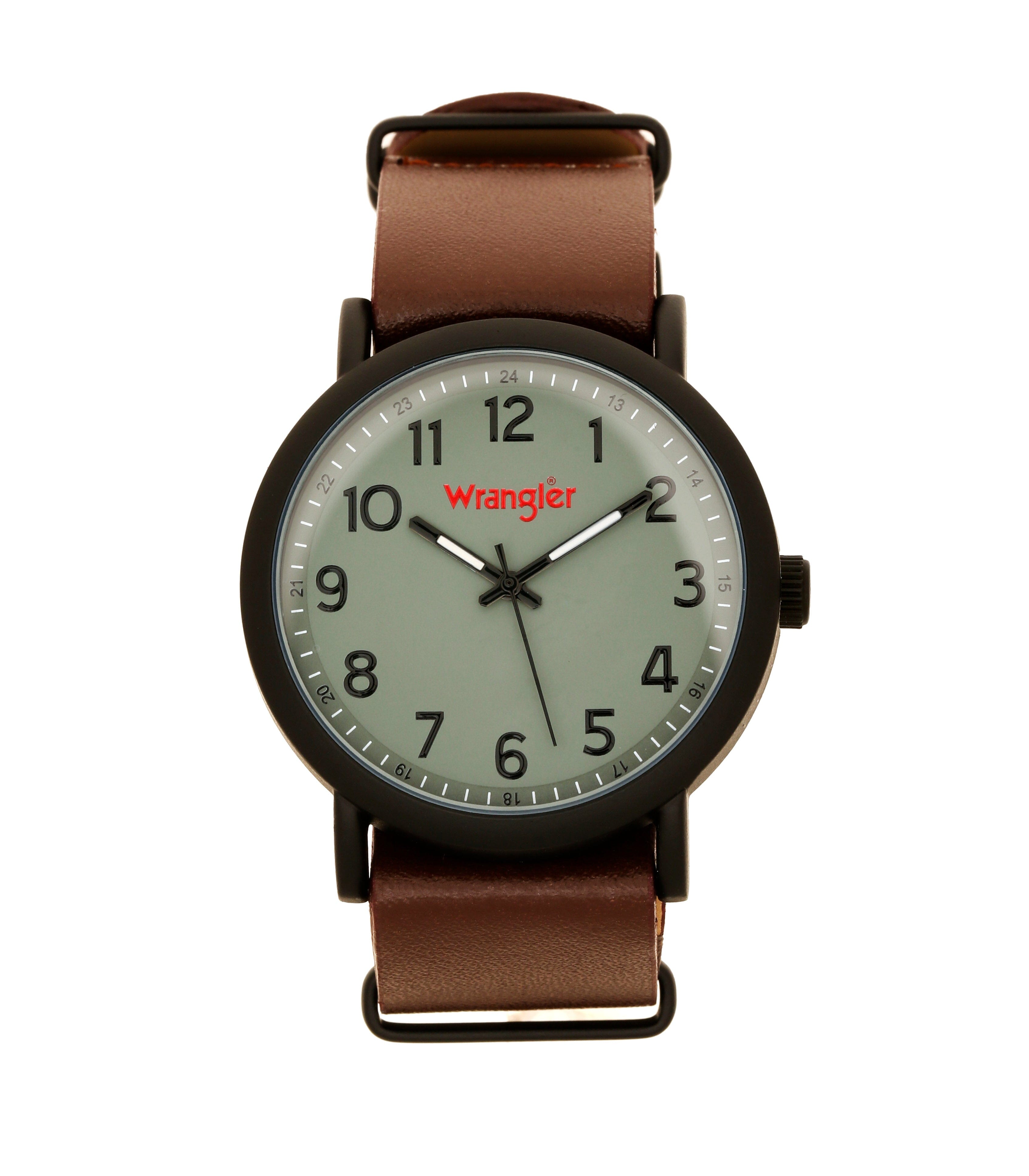 Wrangler watch WRT3300-8A5 with black dial, silver case, and brown leather strap, displayed facing forward.