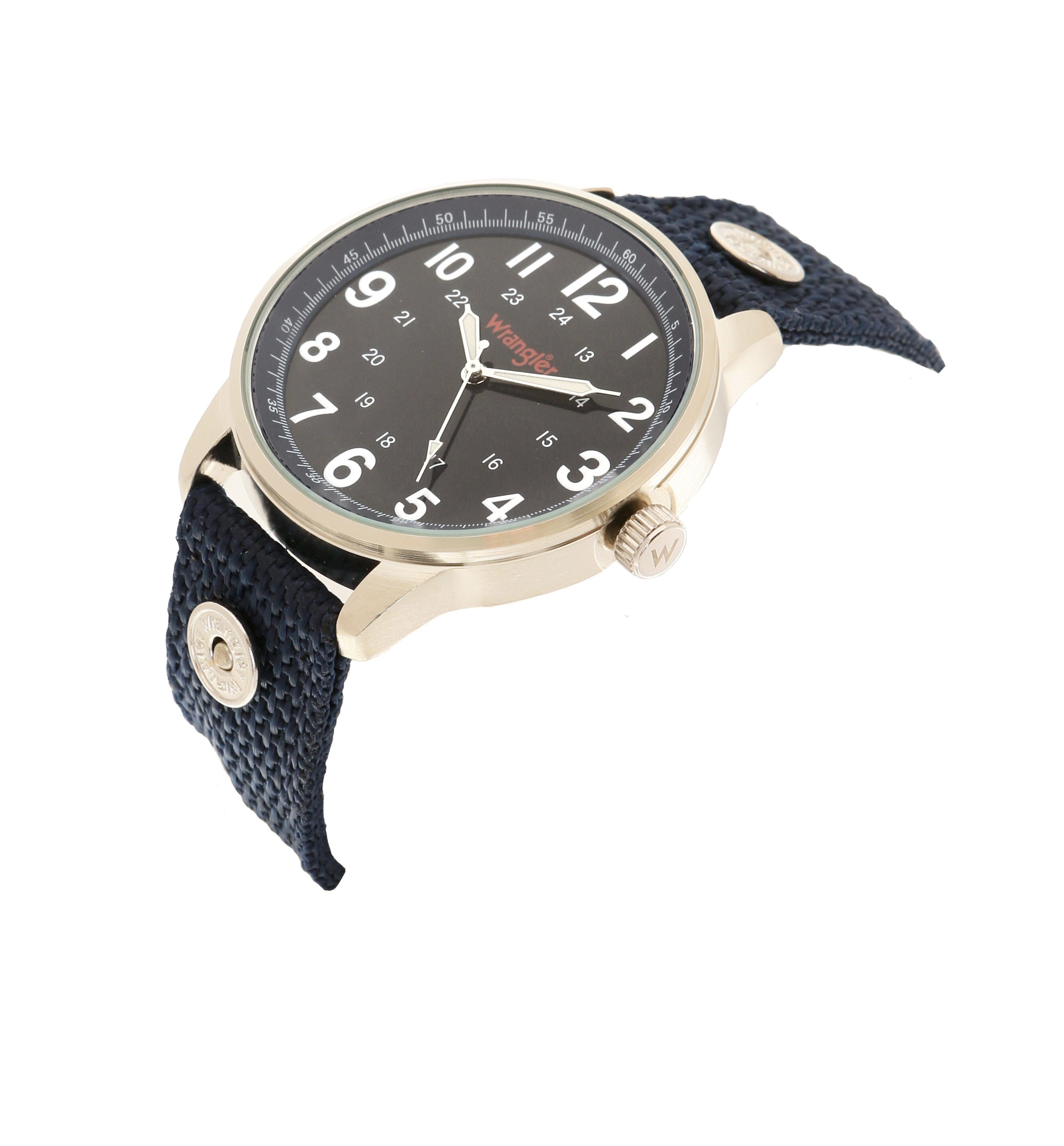 Wrangler watch WRT2100-2B with black dial, stainless steel case, and leather strap, displayed on a wooden surface.