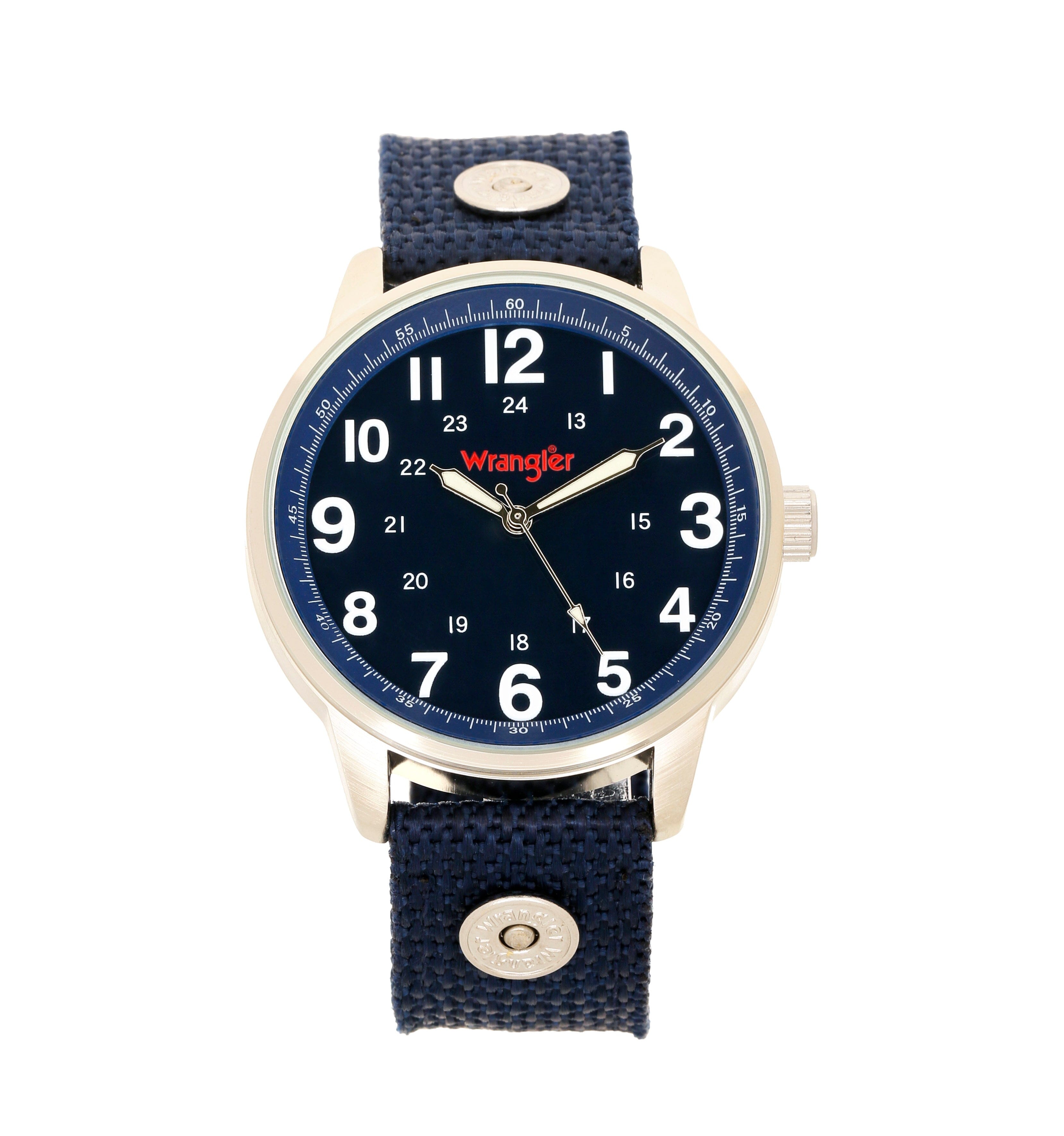 Wrangler WRT2100-2B watch with black dial, silver case, and leather strap, close-up front view showing time display.