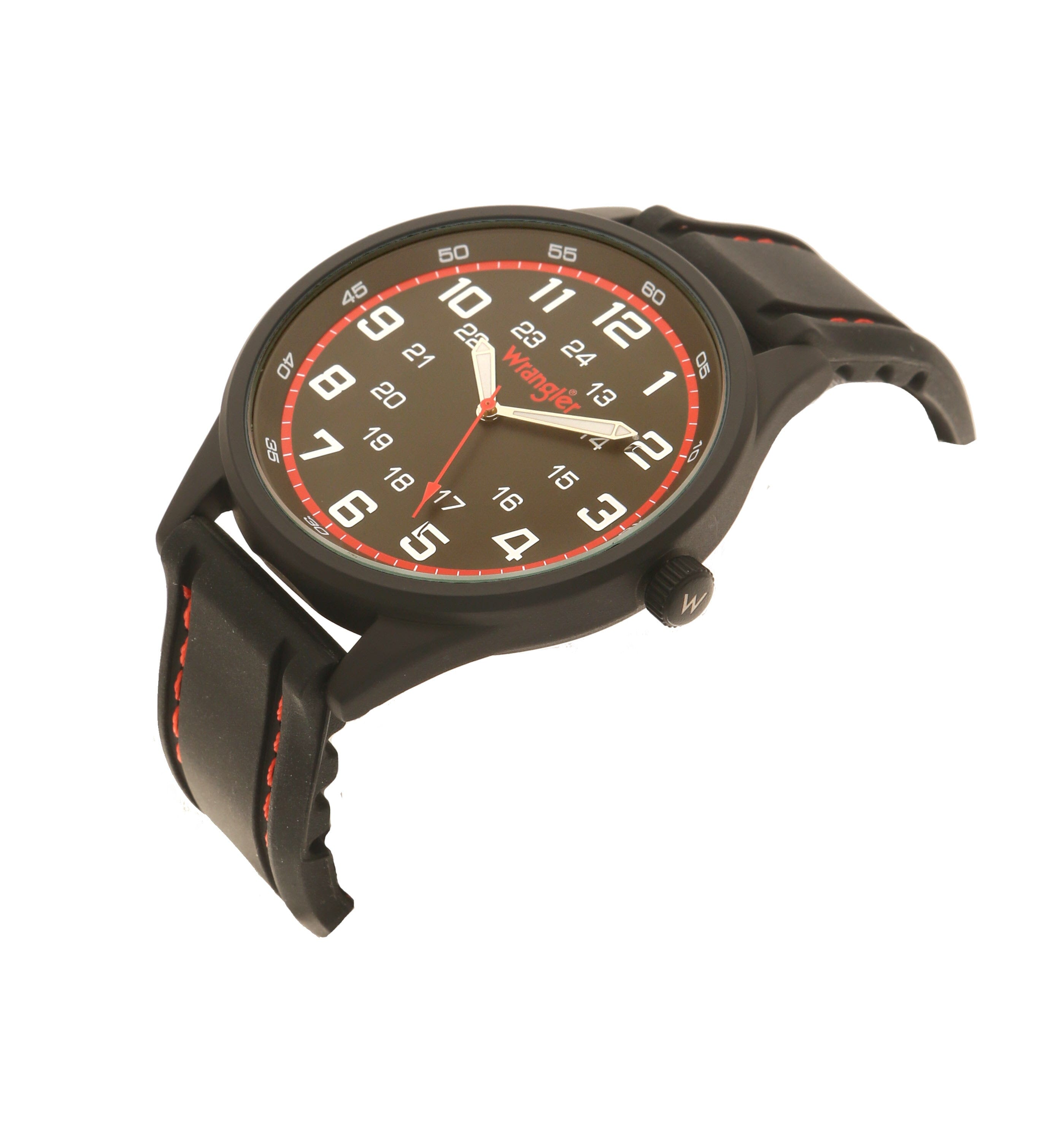 Wrangler watch with 48mm black case, black dial, black strap, Japanese movement, water resistant up to 33 feet