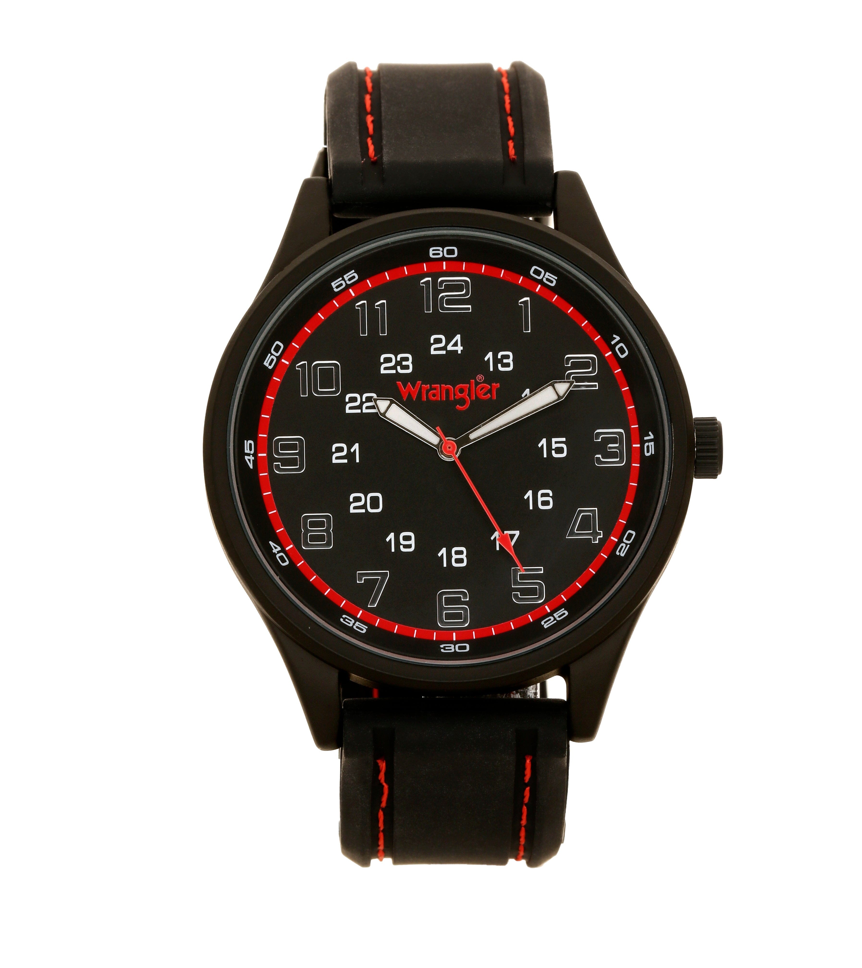 Wrangler watch with 48mm black case, black dial, black strap, Japanese movement, water resistant up to 33 feet.