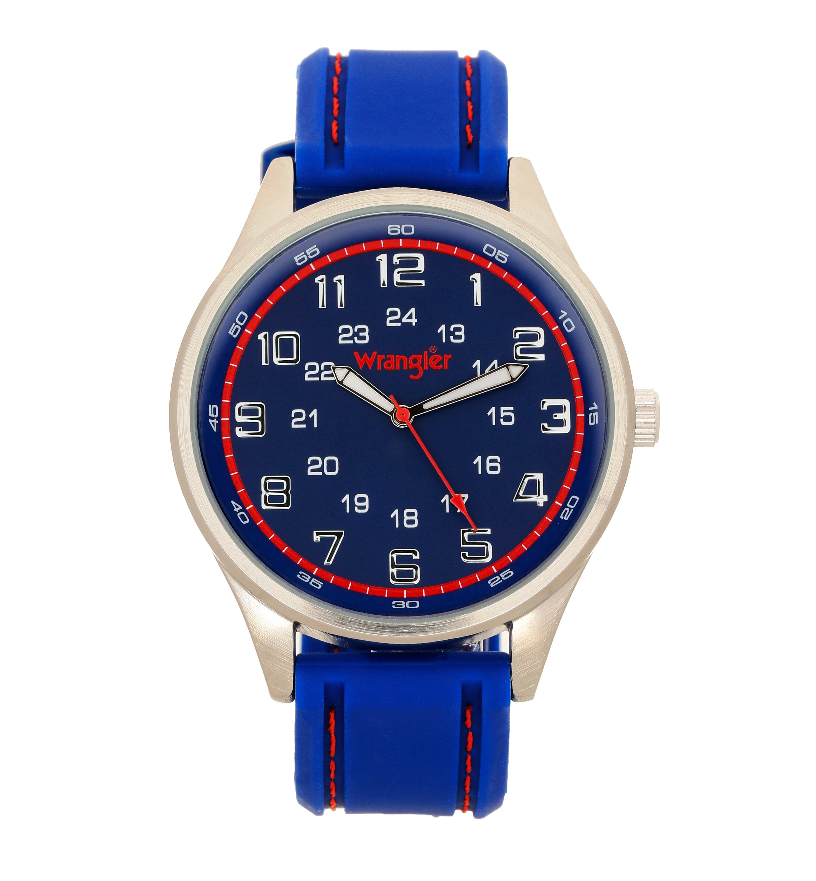 Wrangler watch WRT1301-2B with black dial, silver case, and leather strap, displayed on a neutral background.