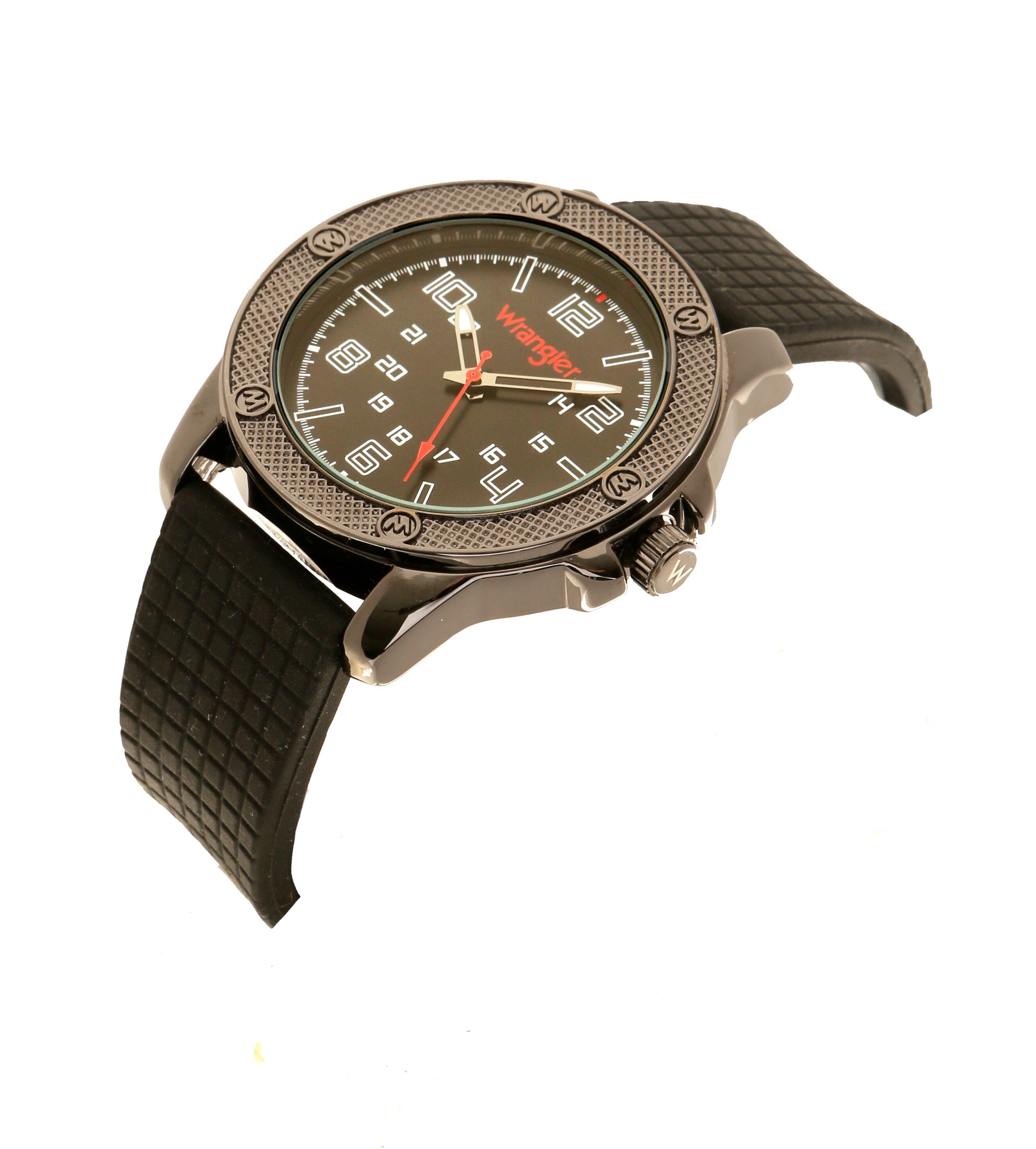 Wrangler WRT1900-1A watch with black dial, silver-tone case, and leather strap, displayed on a white background.