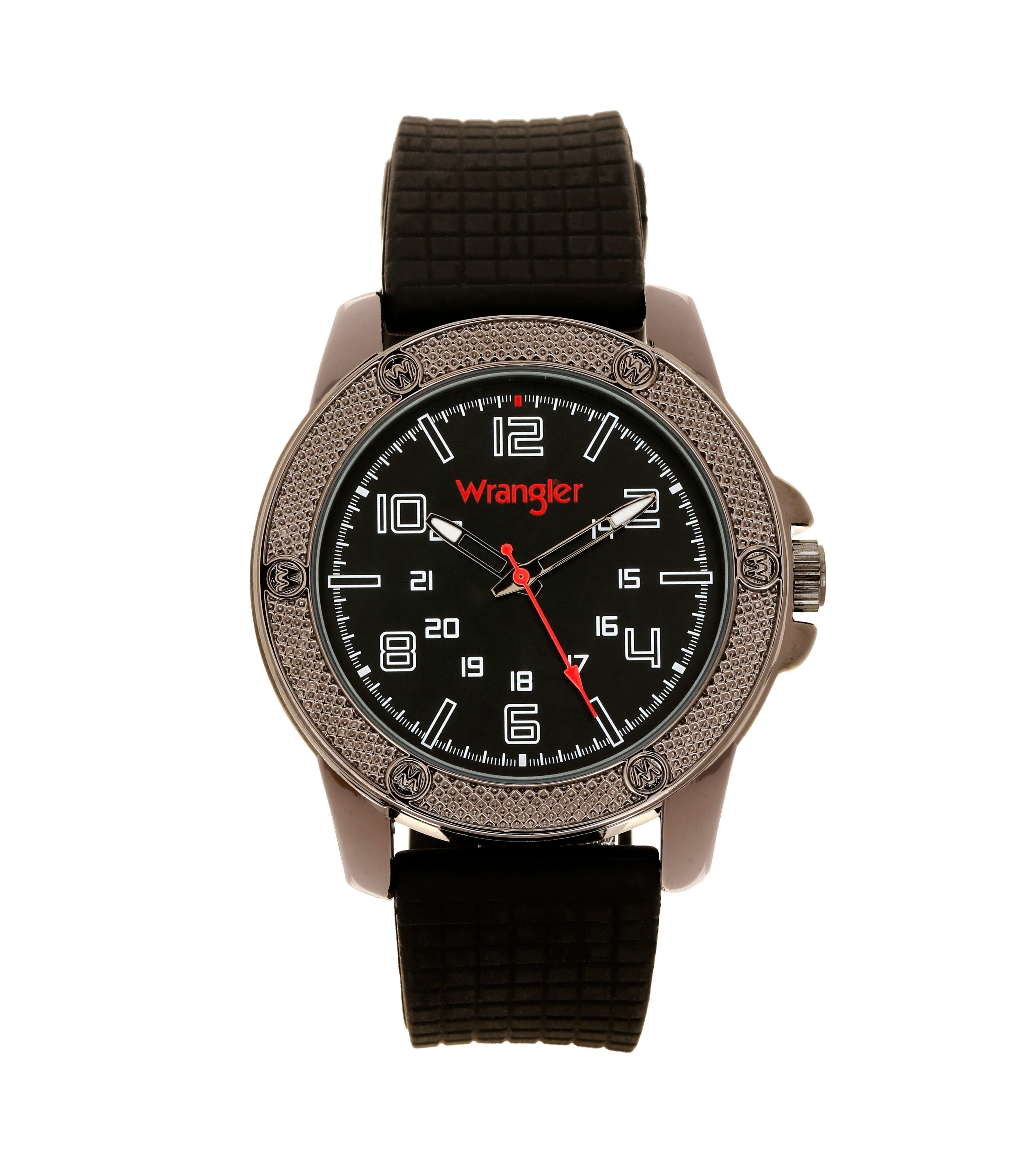 Wrangler WRT1900-1A watch with black dial, silver case, and leather strap displayed front view.