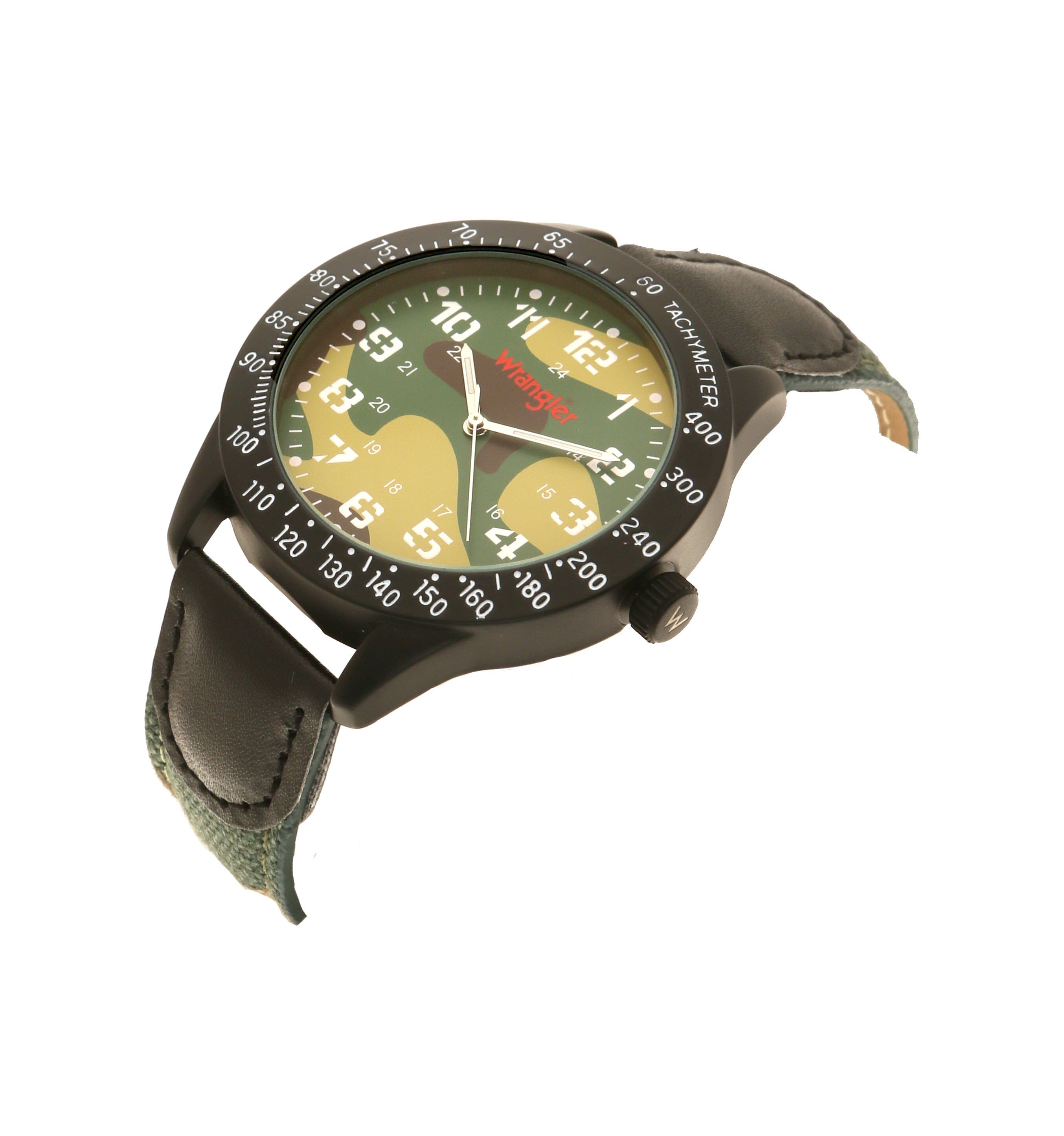 Wrangler watch WRT1700-3CM with black dial, silver case, and leather strap, displayed on a neutral background.