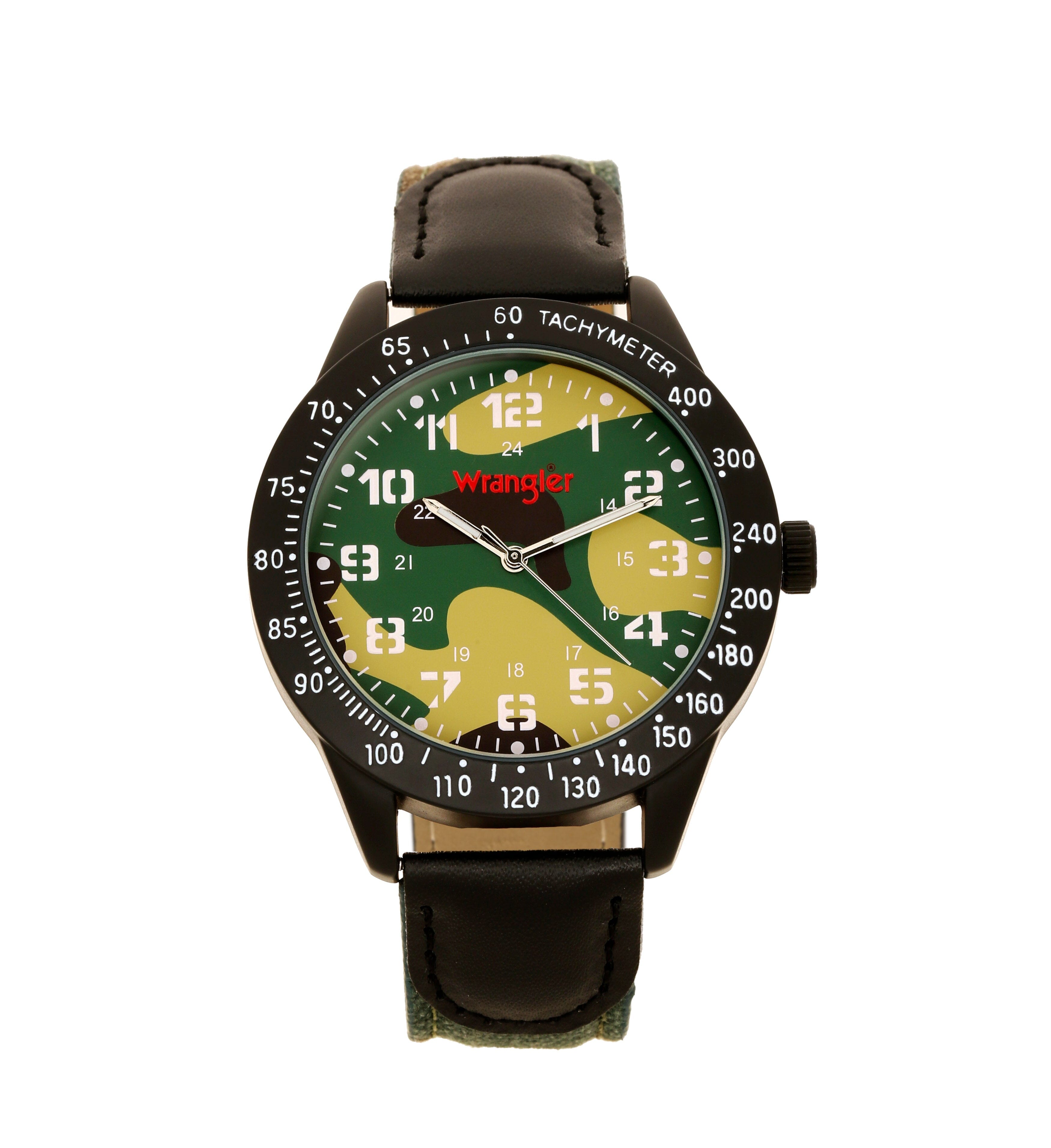 Wrangler watch WRT1700-3CM with black dial, silver case, and leather strap, displayed facing forward.