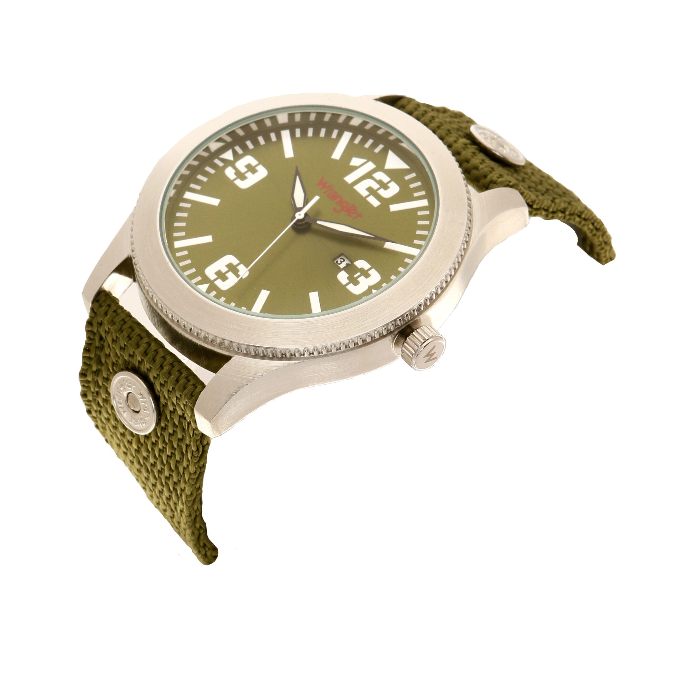 Wrangler watch WRT2903-3B with round dial and leather strap, featuring a stainless steel case and black face.