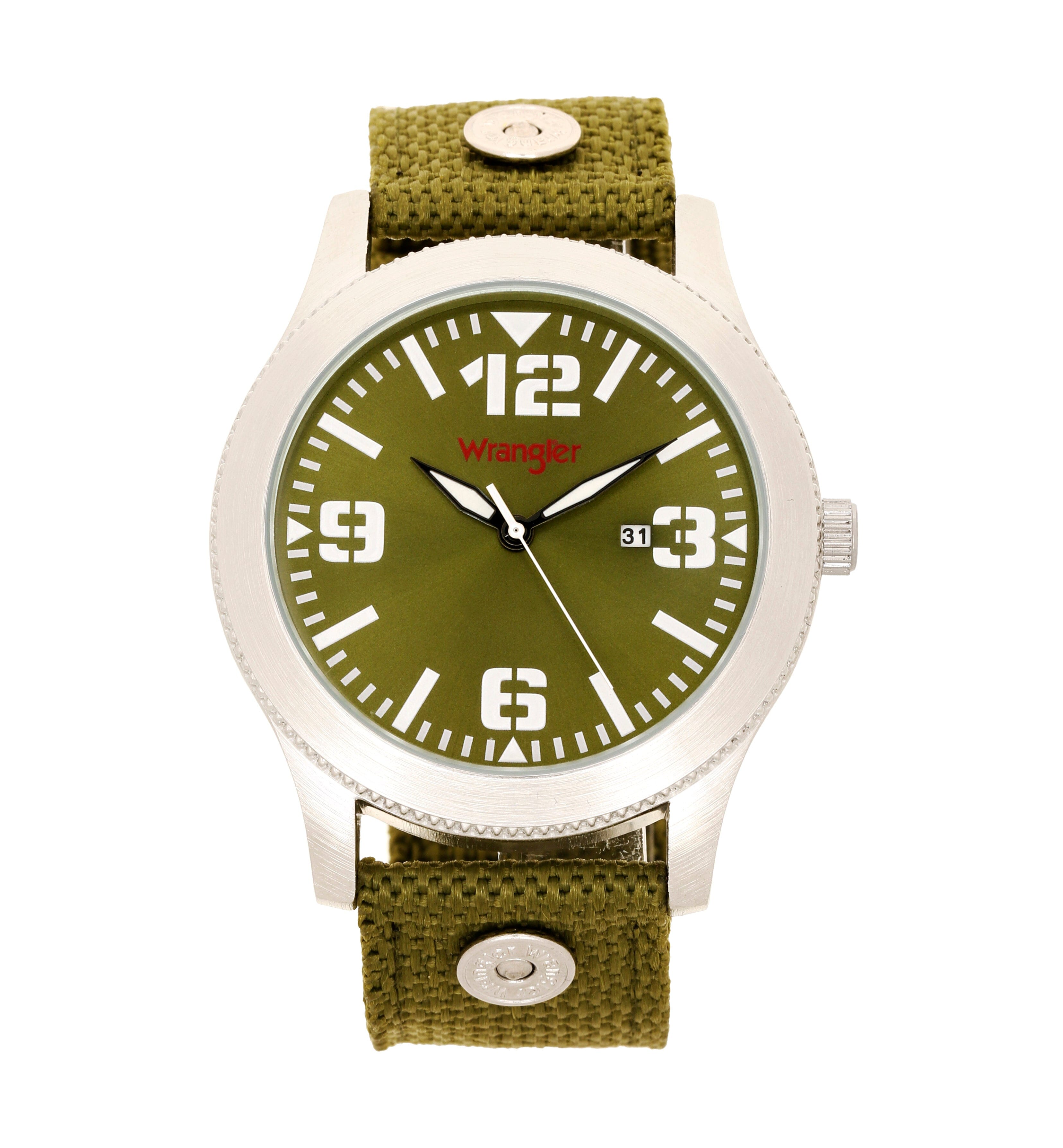 Wrangler watch WRT2903-3B with black dial, silver case, and leather strap, displayed from the front.