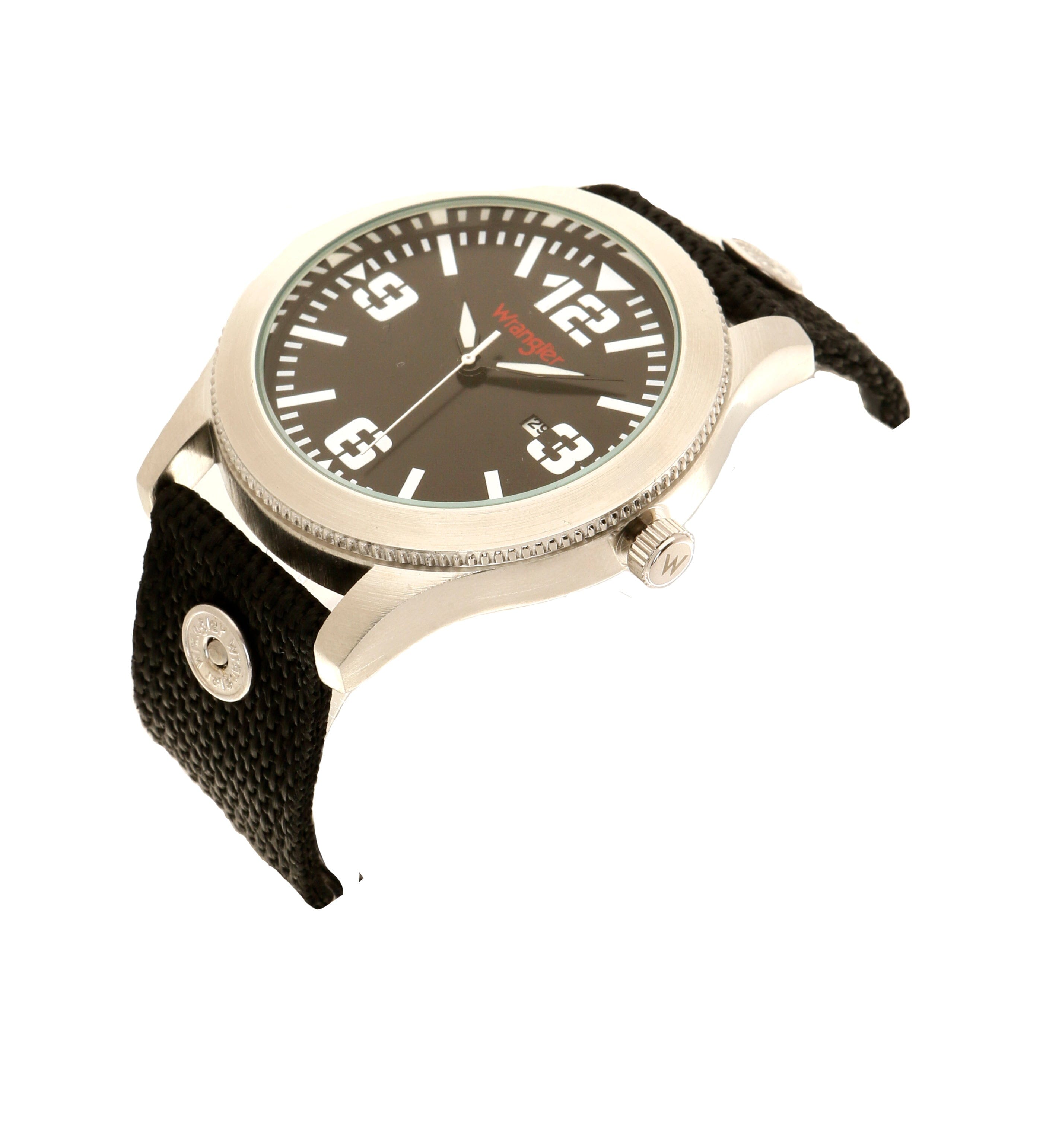 Wrangler WRT2900-1B watch with a round black dial, silver-tone case, and leather strap on a model's wrist.