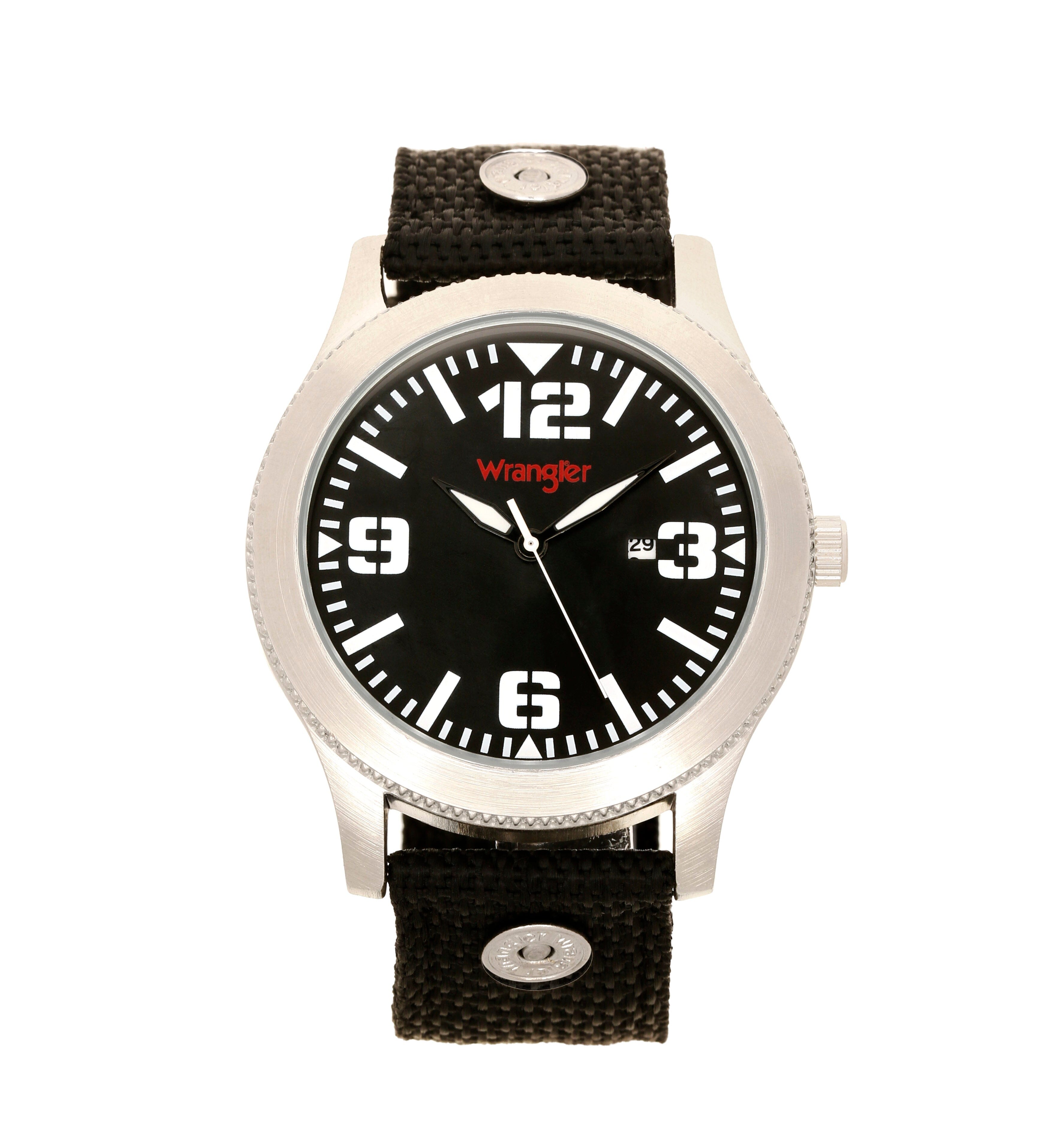 Wrangler WRT2900-1B watch with black dial, silver case, and leather strap, displayed on a neutral background.