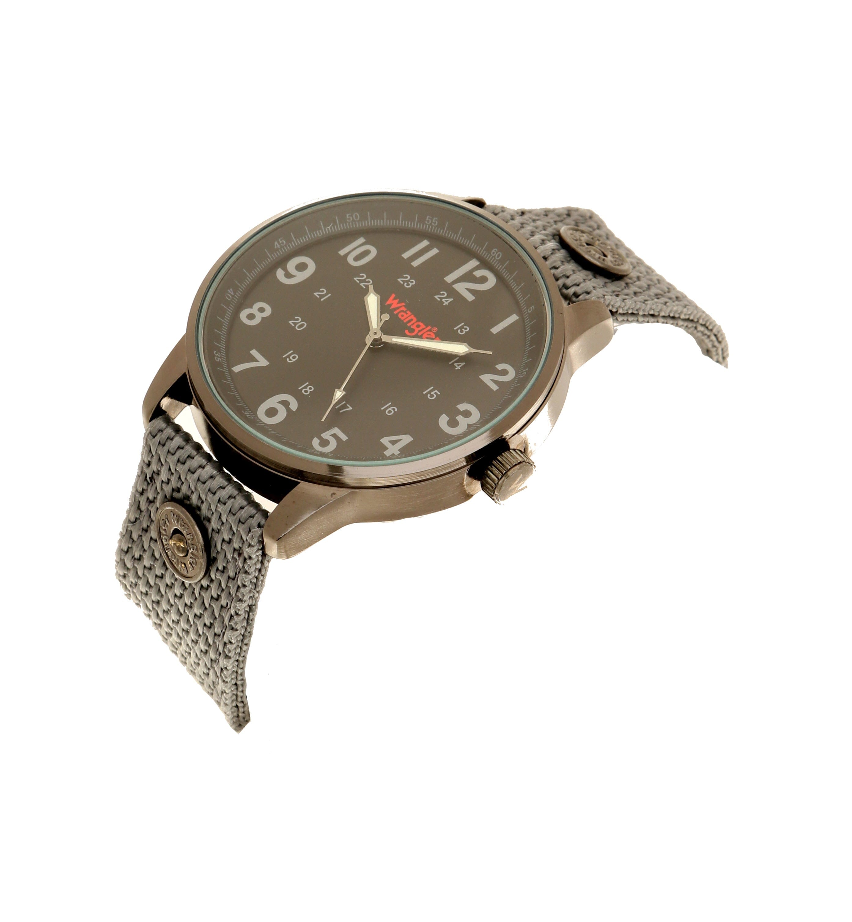 Wrangler WRT2102-1A watch with black dial, silver case, and leather strap, displayed on a neutral background.