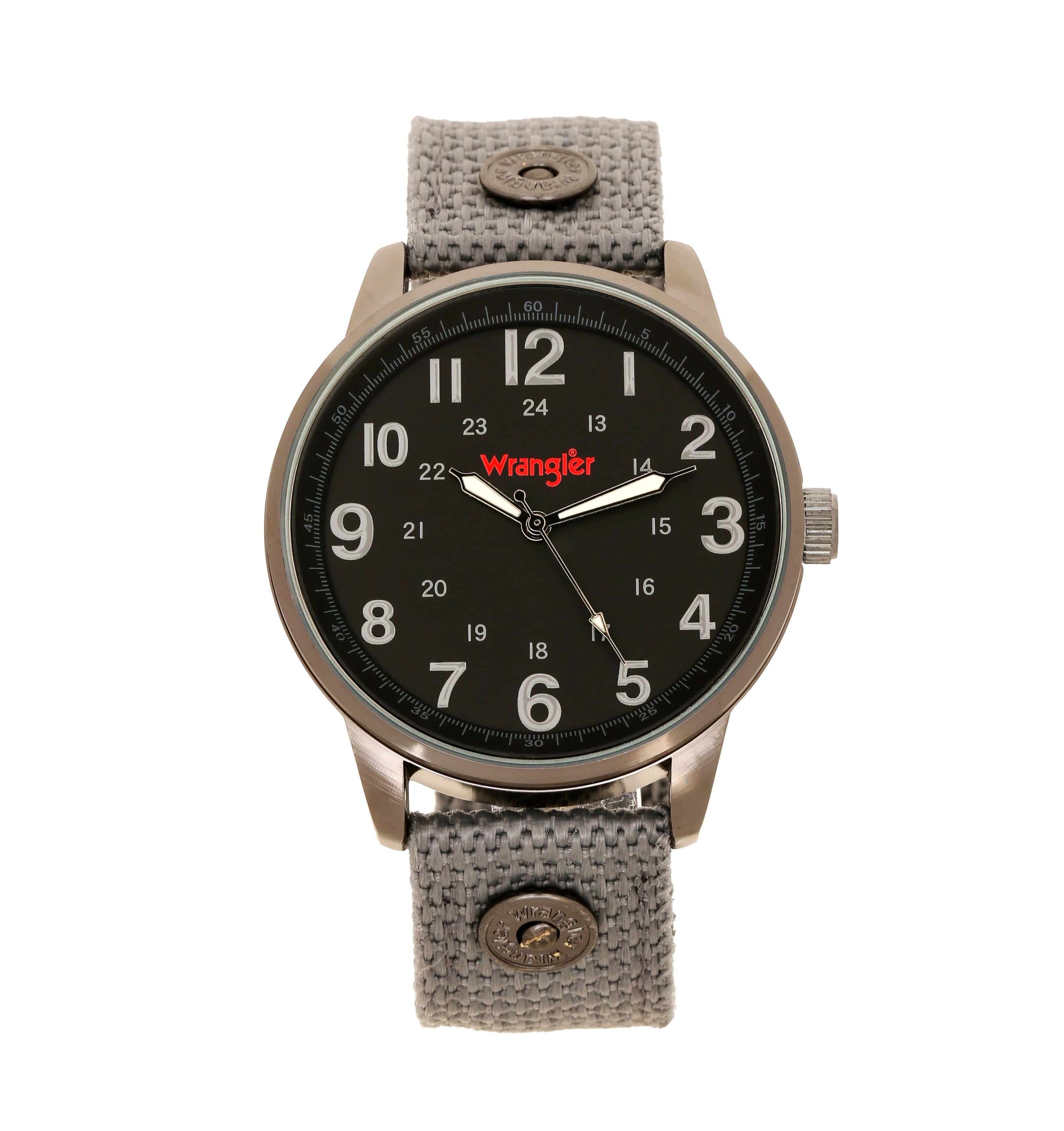 Wrangler WRT2102-1A watch with black dial, silver case, and leather strap, showing the watch face and strap details.