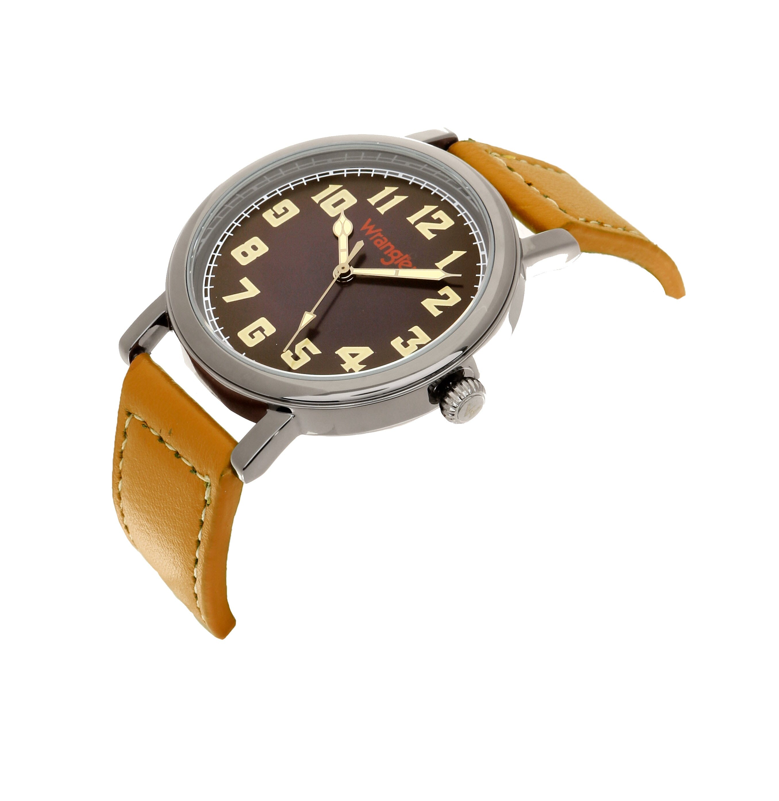 Wrangler WRT3104-2B4 watch with black dial, silver case, and leather strap, displayed on a neutral background.