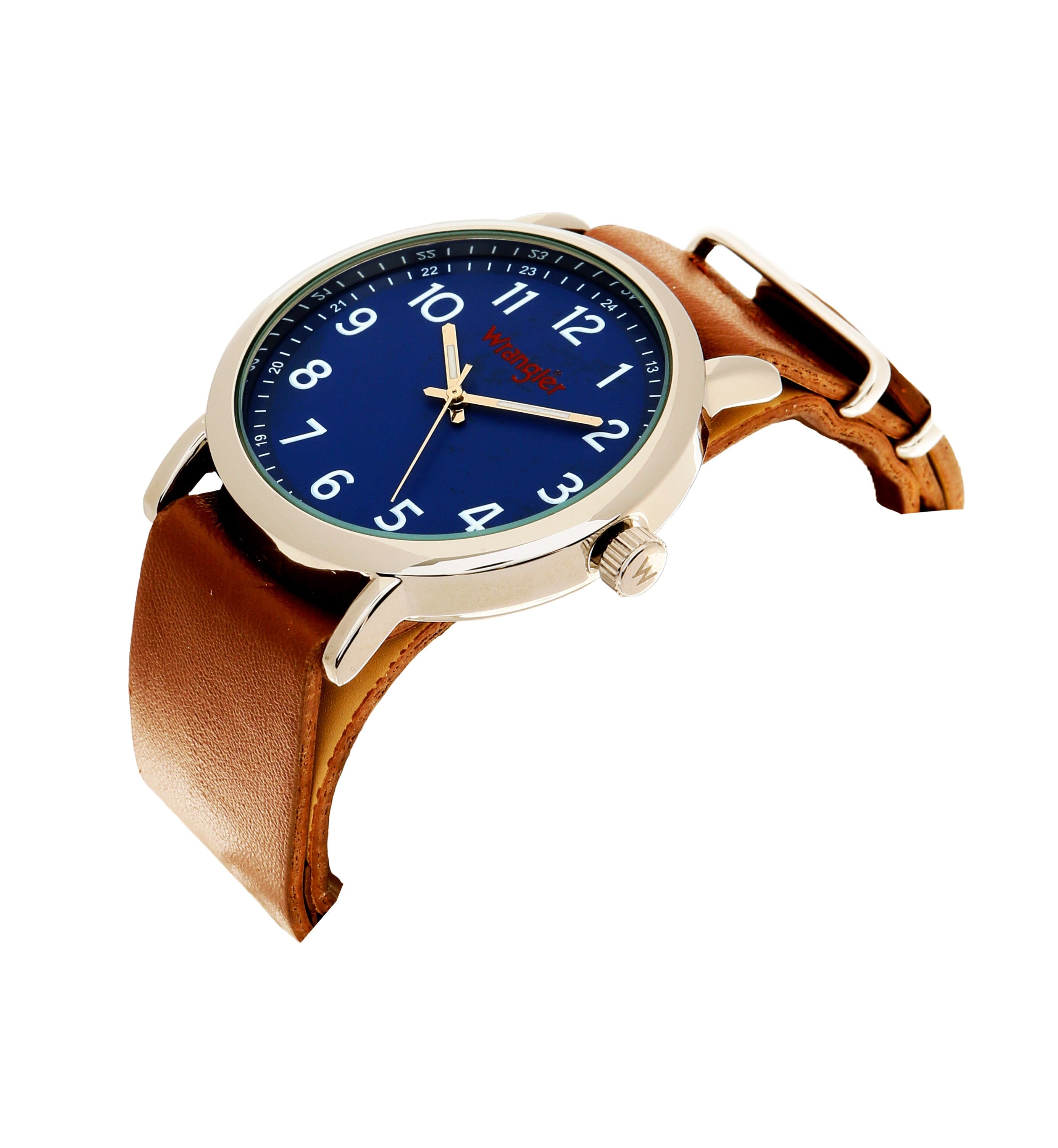Wrangler watch WRT3301-2B5 with black dial, silver case, and leather strap displayed on a white background.