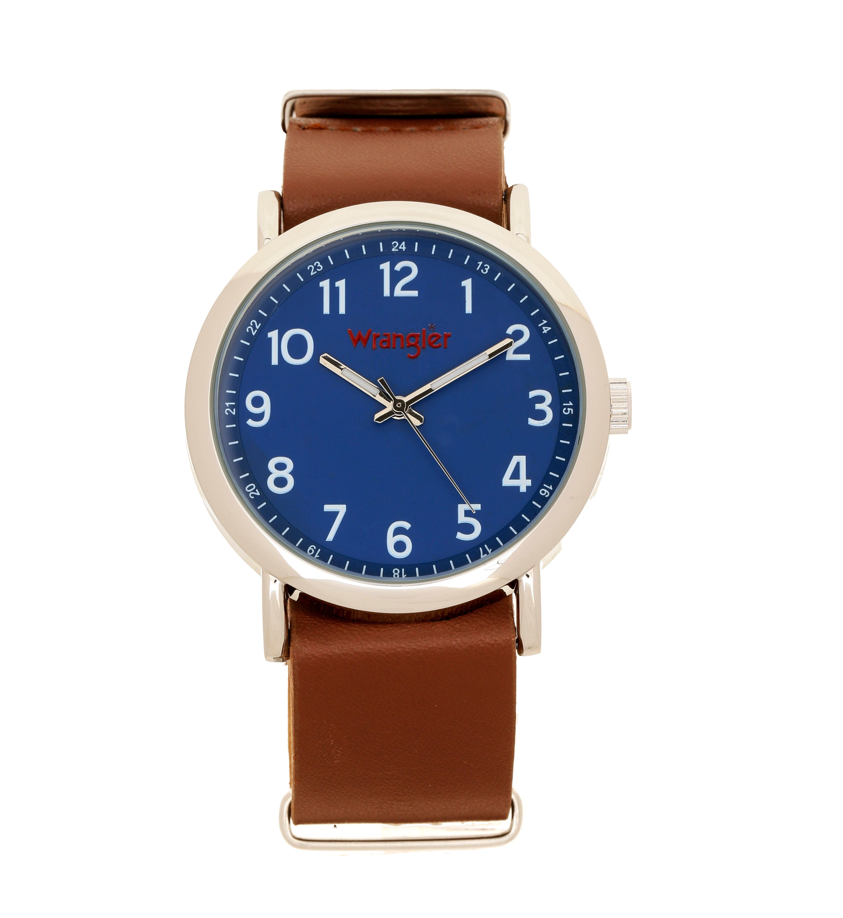 Wrangler WRT3301-2B5 men's watch with black dial, silver case, and leather strap, displayed front view.