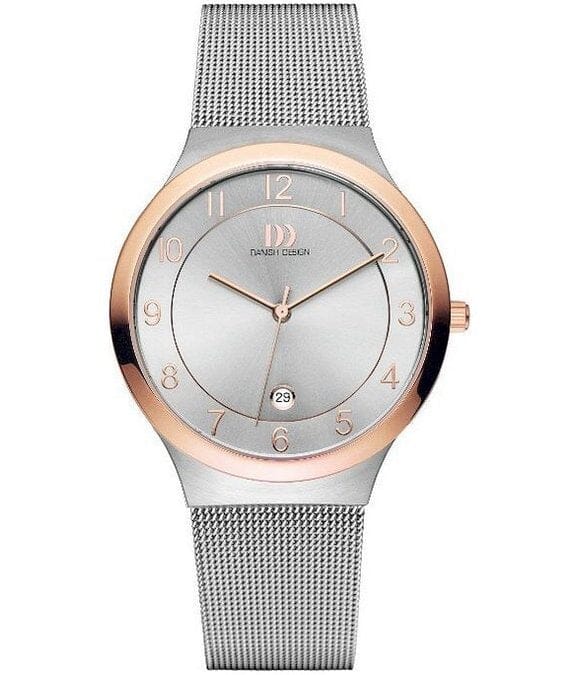 Danish Design men's watch with stainless steel mesh band and rose gold accents, showcasing a sleek, modern timepiece.