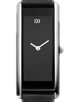Danish Design women's long rectangular stainless steel wristwatch with black satin-touch dial and black leather strap.