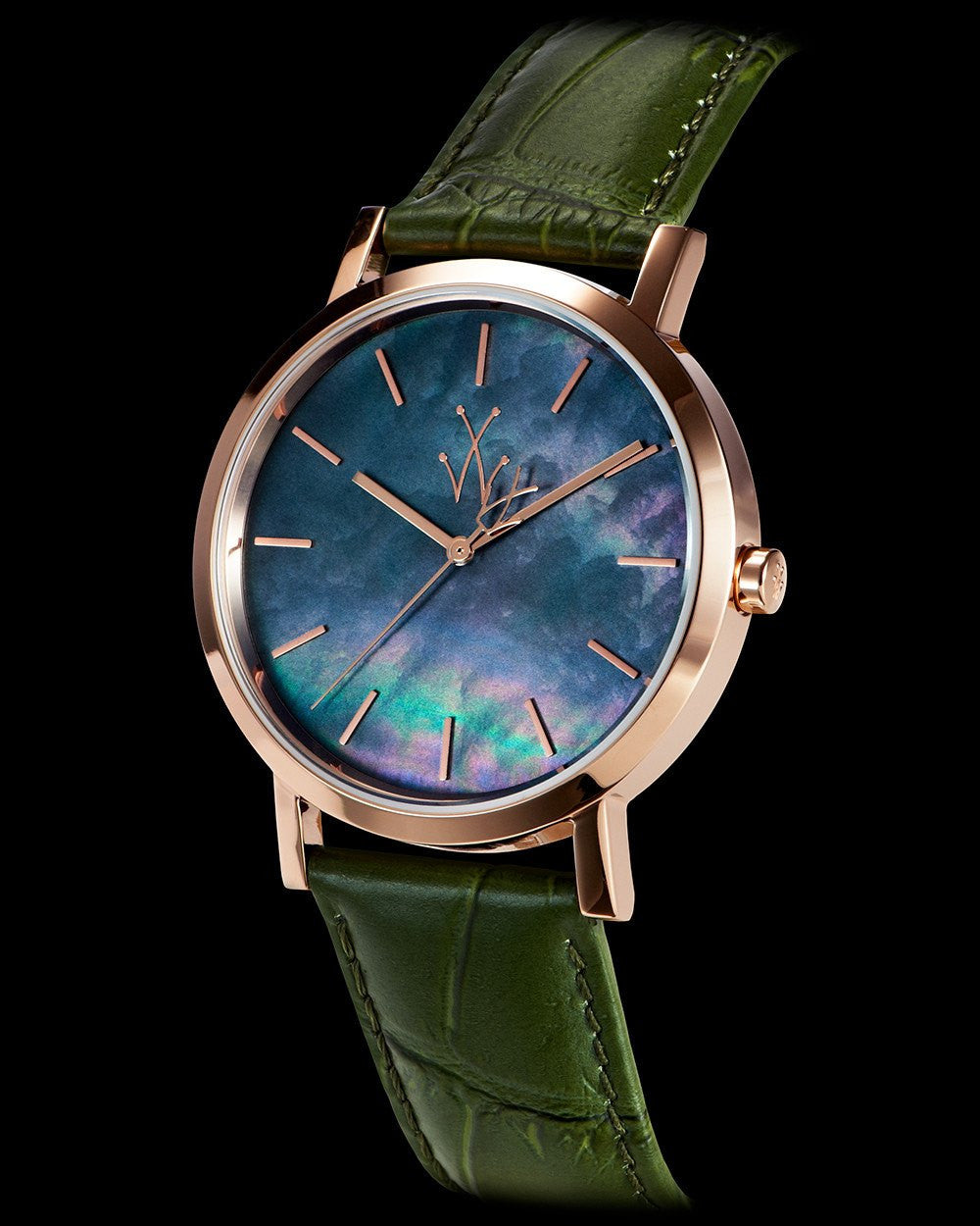 ToyWatch Maya black mother of pearl watch with a sleek side view showcasing its elegant design and black strap.