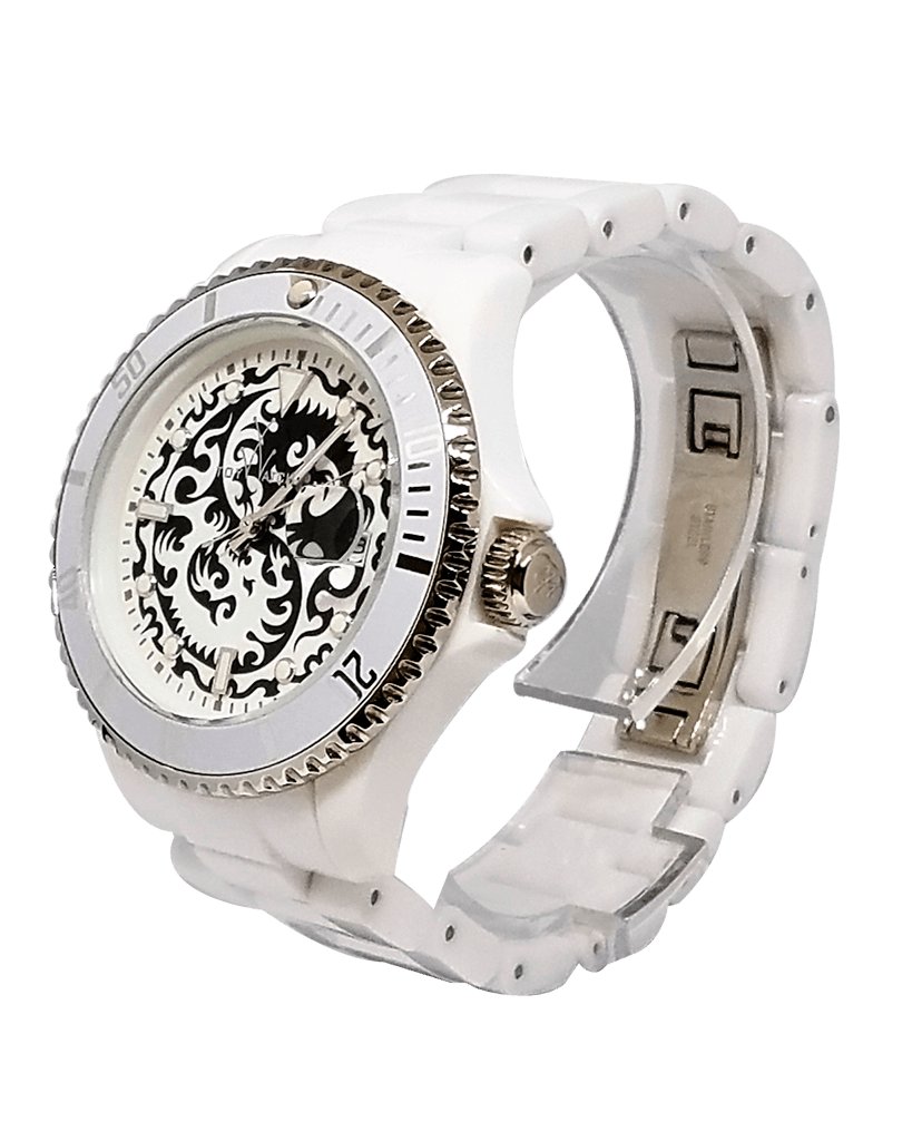 TW Toy Watch Tattoo Collection white Dragon watch with a sleek band and detailed dragon design on the dial.