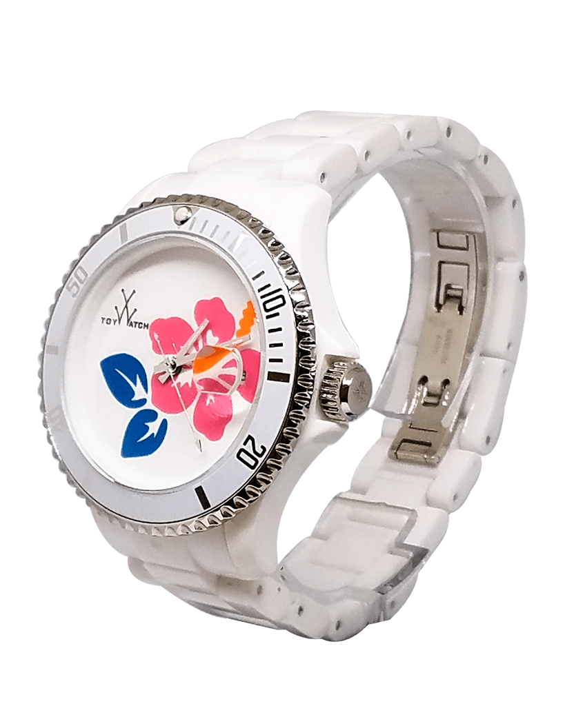 White Flower Toy Watch Tattoo Watch Collection by TW showing a playful, colorful watch with floral design and adjustable strap.