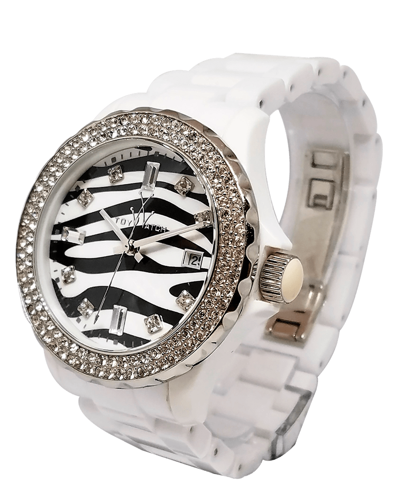 TW Zebra Diamond Collection watch with a sleek design, featuring a zebra pattern dial and elegant silver-tone strap.