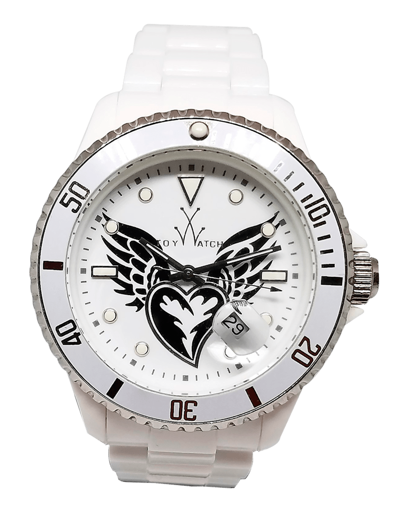 ToyWatch Tribal Collection winged heart tattoo watch with white silver dial for ladies, featuring intricate winged heart design.