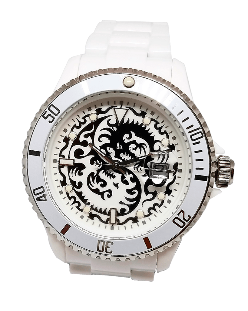 White Toy Watch Tattoo Collection Dragon watch by TW featuring a detailed dragon design on the watch face.