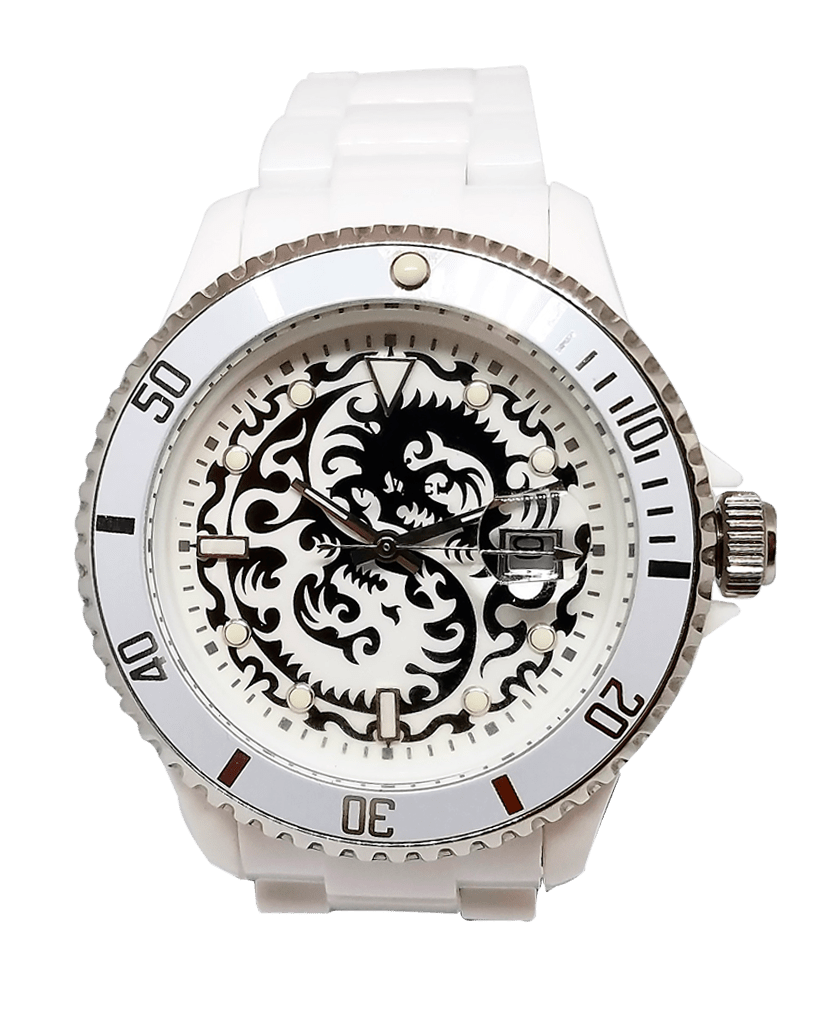 ToyWatch Tribal Collection Dragon Tattoo Ladies Watch with black silver dial and intricate dragon design on the strap.