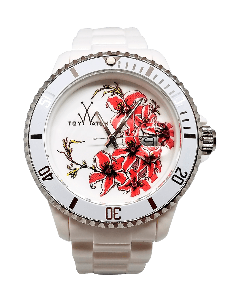 TW Toy Watch Tattoo Watch Collection White with flower cluster design, featuring a stylish watch face and floral band detail.