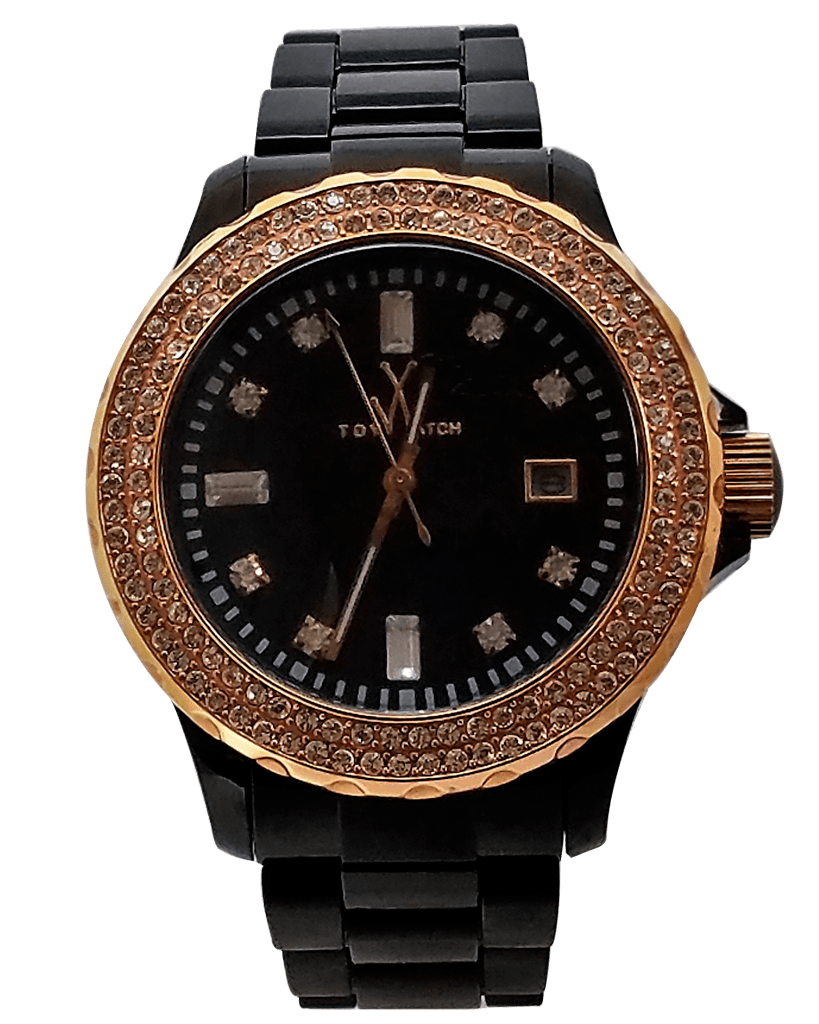 TW Plasteramic Stones Black watch with rose gold accents, featuring a sleek watch face and stylish black strap.