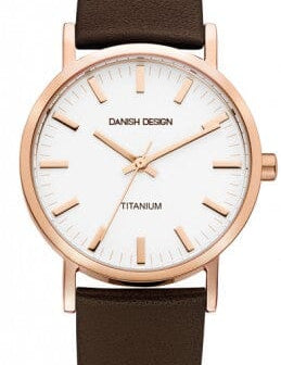 Danish Design men's watch with brown leather band and titanium case, showcasing a sleek, modern timepiece.