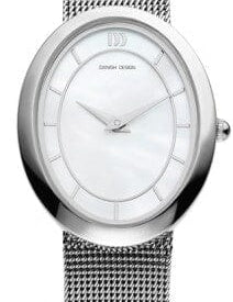 Silver Danish Design women's watch with mesh band and mother-of-pearl dial, showcasing elegant timepiece craftsmanship.