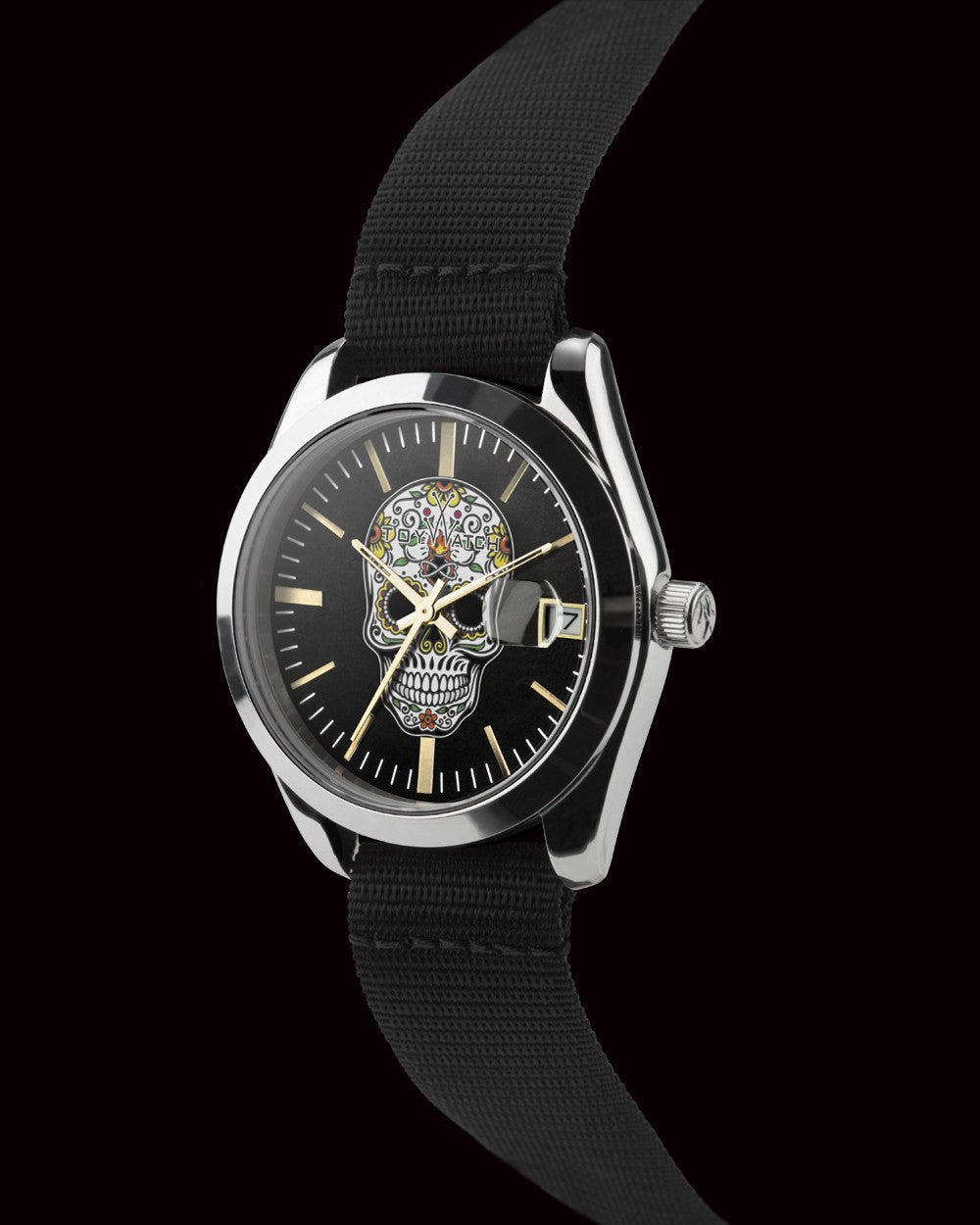 ToyWatch TOYPULP white dial watch with sleek design and black strap, close-up of the stylish timepiece.