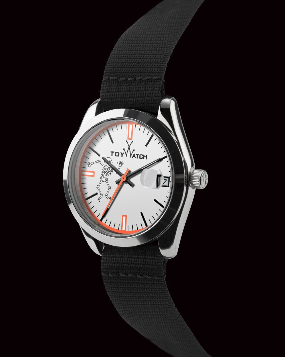 ToyWatch TOYPULP white dial watch with grey strap, featuring a sleek round face and minimalist design.