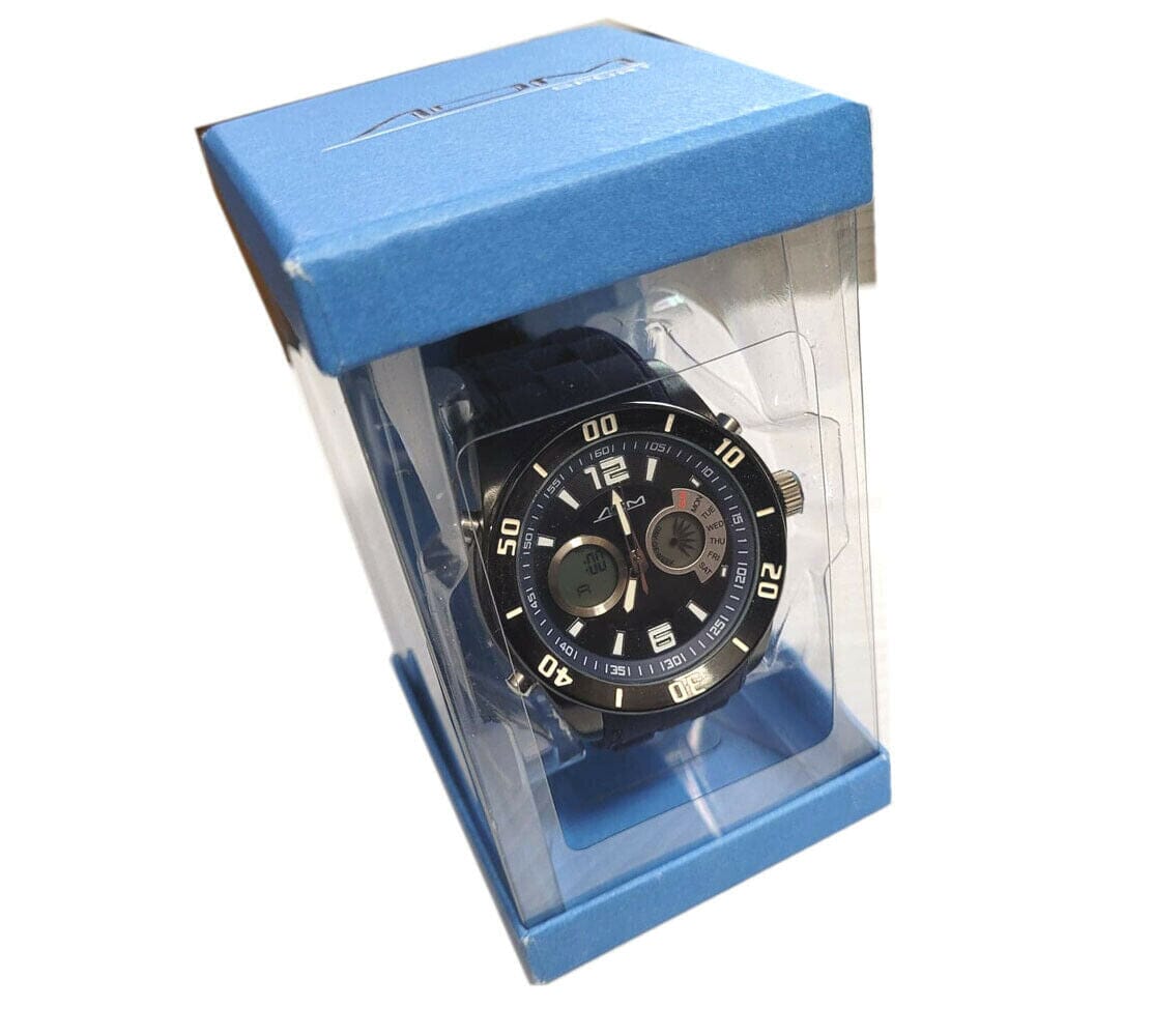 American Design Machine Men's ADS 4003 BLU New York analog-digital Japanese quartz watch with blue dial and strap.