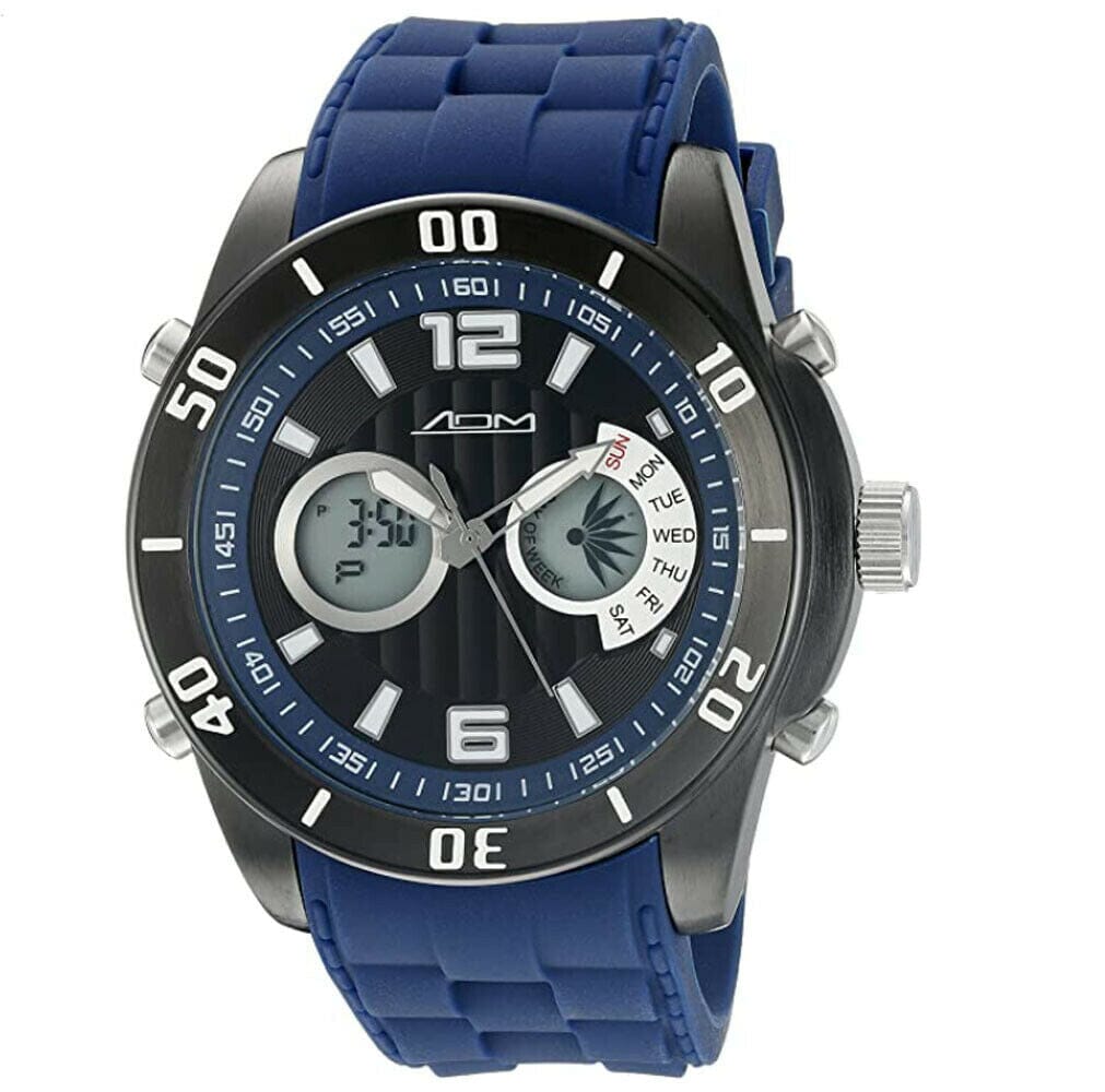 American Design Machine men's ADS 4003 BLU watch with blue dial, analog-digital display, Japanese quartz movement.